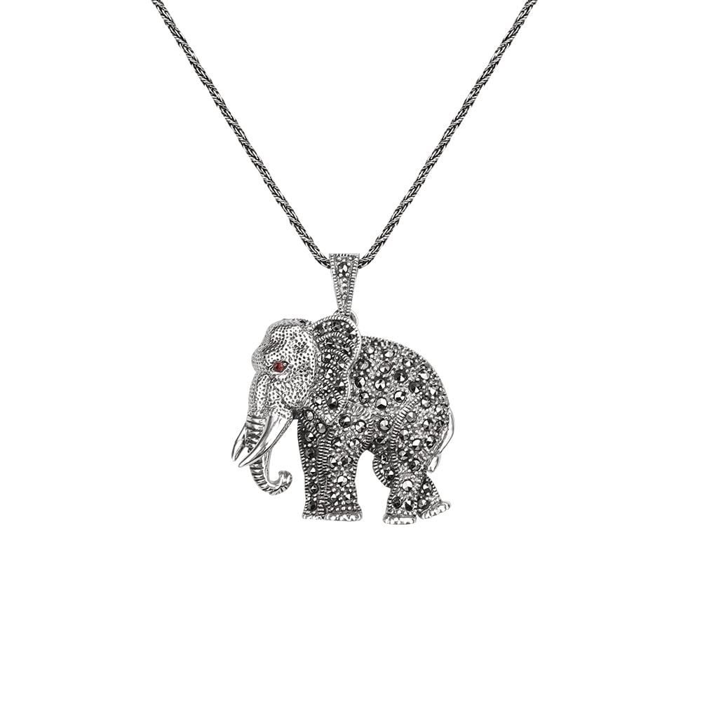 925 Sterling Silver Elephant Necklace for Women - Cute Marcasite Elephant Charm Pendant Jewelry - Perfect Gift for Birthday, Anniversary & Everyday Wear