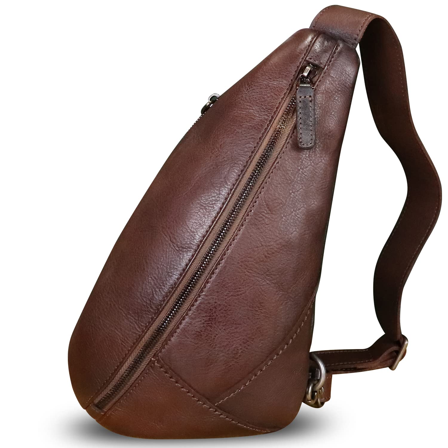 **Genuine Leather Crossbody Sling Bag - Vintage Motorcycle Chest Bag for Men & Women - Handmade Retro Shoulder Backpack for Hiking, Travel & Daily Use (Coffee Brown)**
