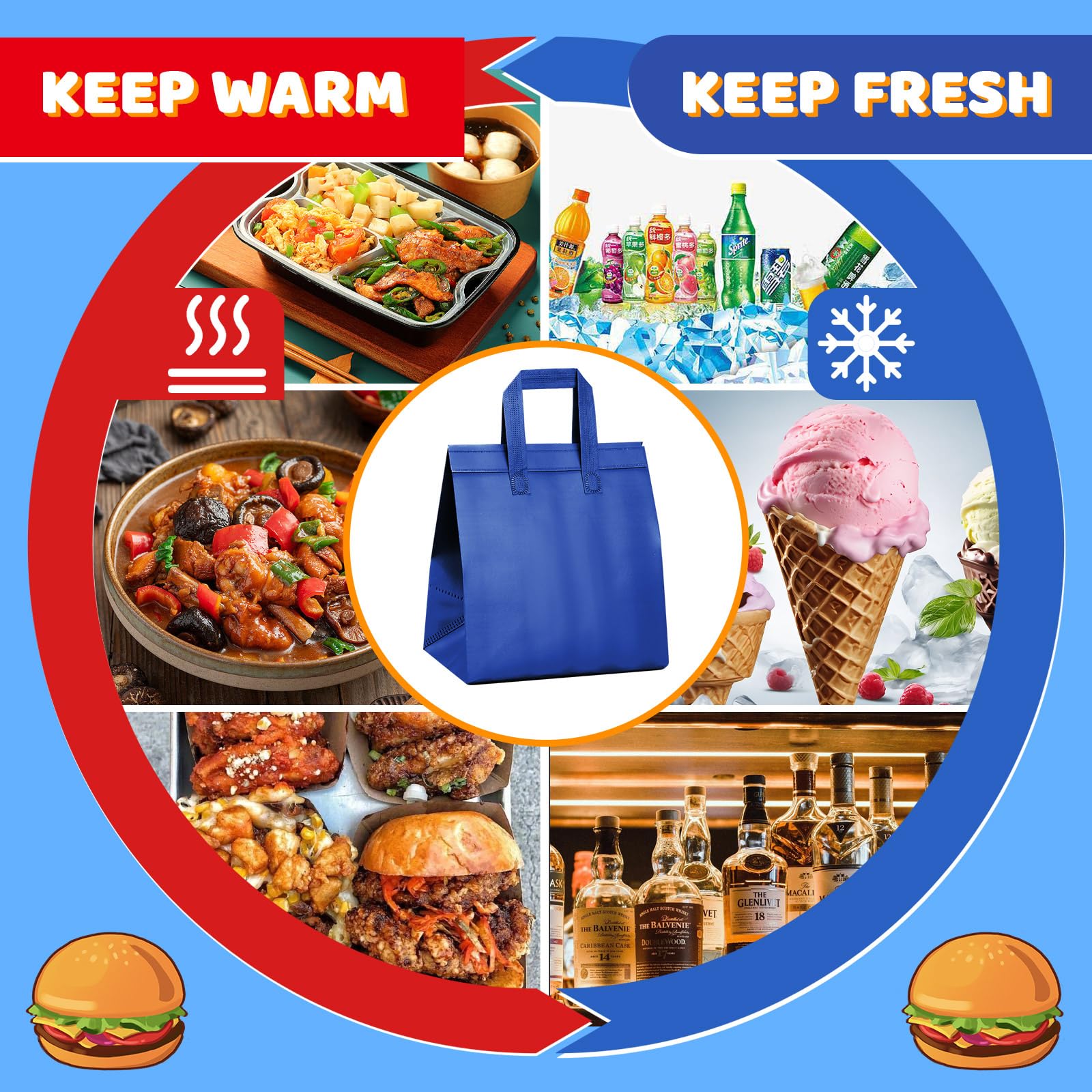 200 Pcs Insulated Take Out Bags Bulk - Thermal Insulation Disposable Cooler Bags 10.24x11.02x6.69 Inch for Food Delivery, Grocery, Lunch, Hot & Cold Food Storage - Perfect for Restaurants, Catering & Meal Prep (Blue)