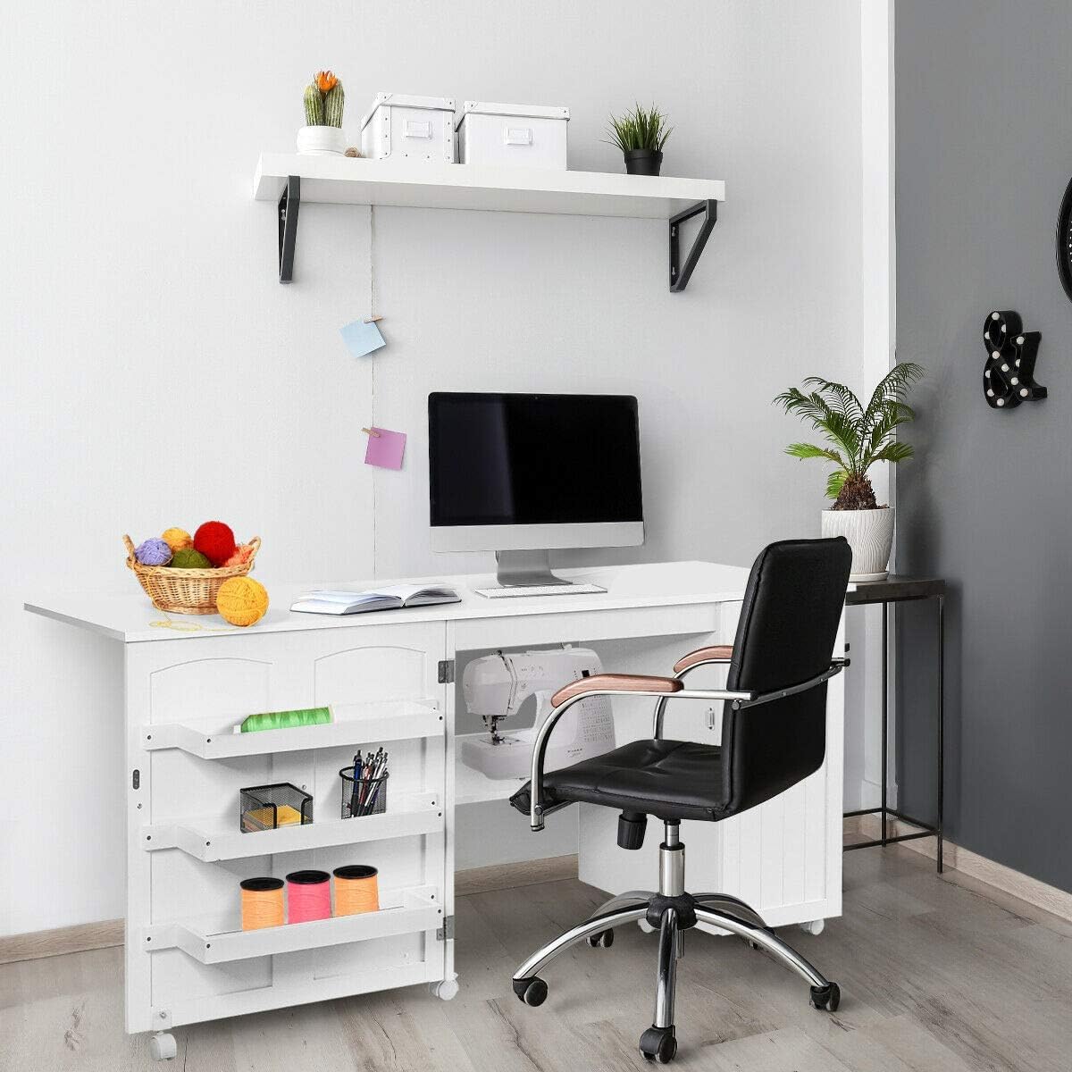 Foldable Sewing Craft Table with 3 Storage Bins & Shelf - Mobile Sewing Cabinet with Locking Wheels, White Space-Saving Workstation for Sewing Machines & Craft Projects - Perfect for Apartments, Small Spaces & Home Studios