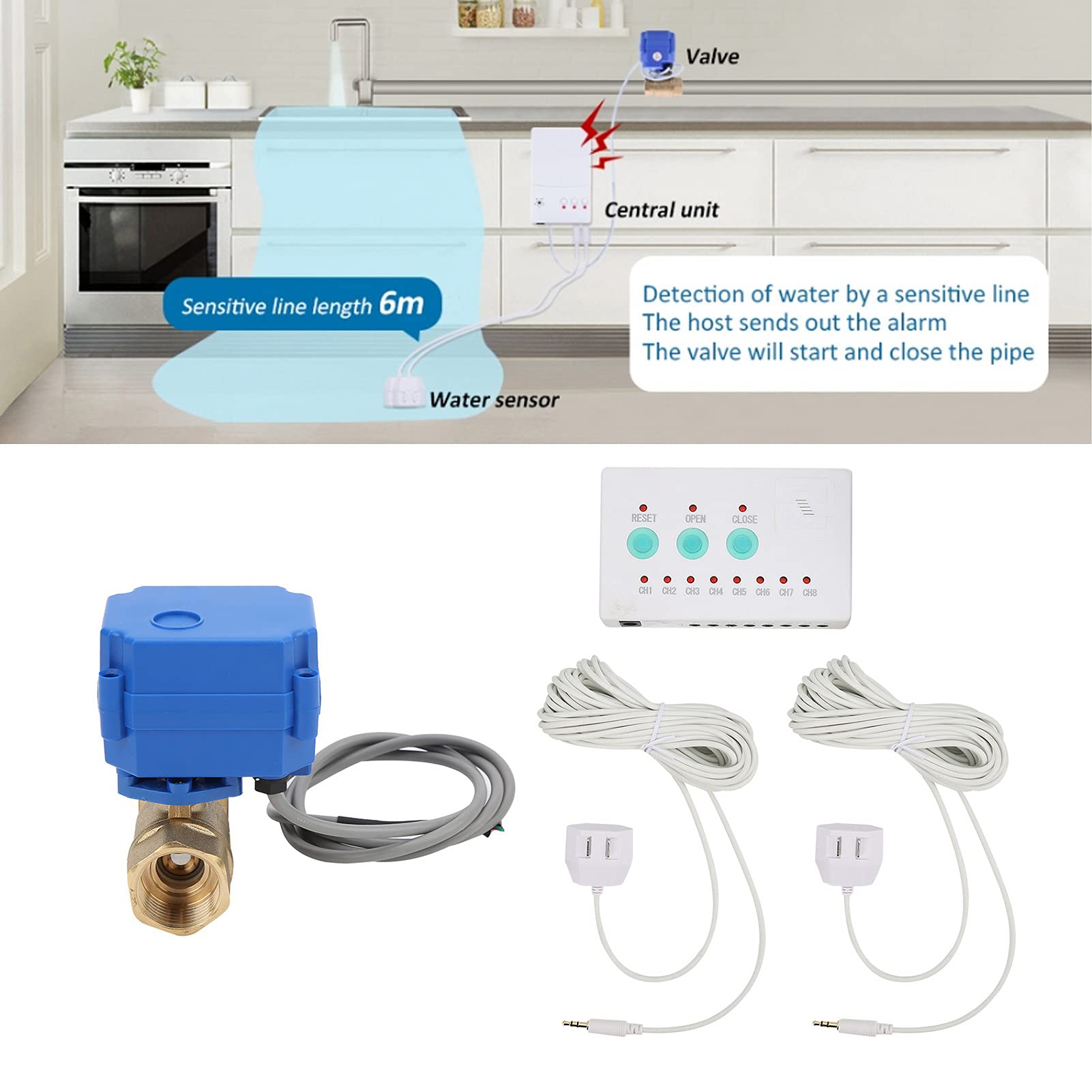 Water Leak Detector Alarm Sensor with DN20 Electric Ball Valve - Smart Home Leak Detection System Kit for Basement, Bathroom & Kitchen Protection
