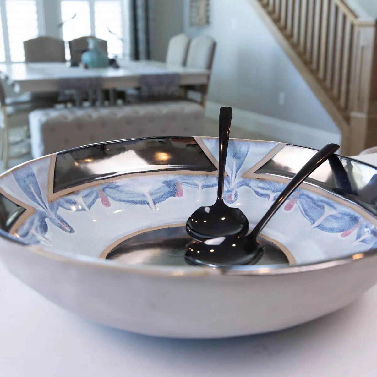 XXL Gray Stoneware Serving Bowl - Handcrafted Decorative Bowl with Reflective Glaze in Blue, Cream & Purple | Alchemy Collection | Perfect for Dining Table Centerpiece, Fruit Display & Home Decor
