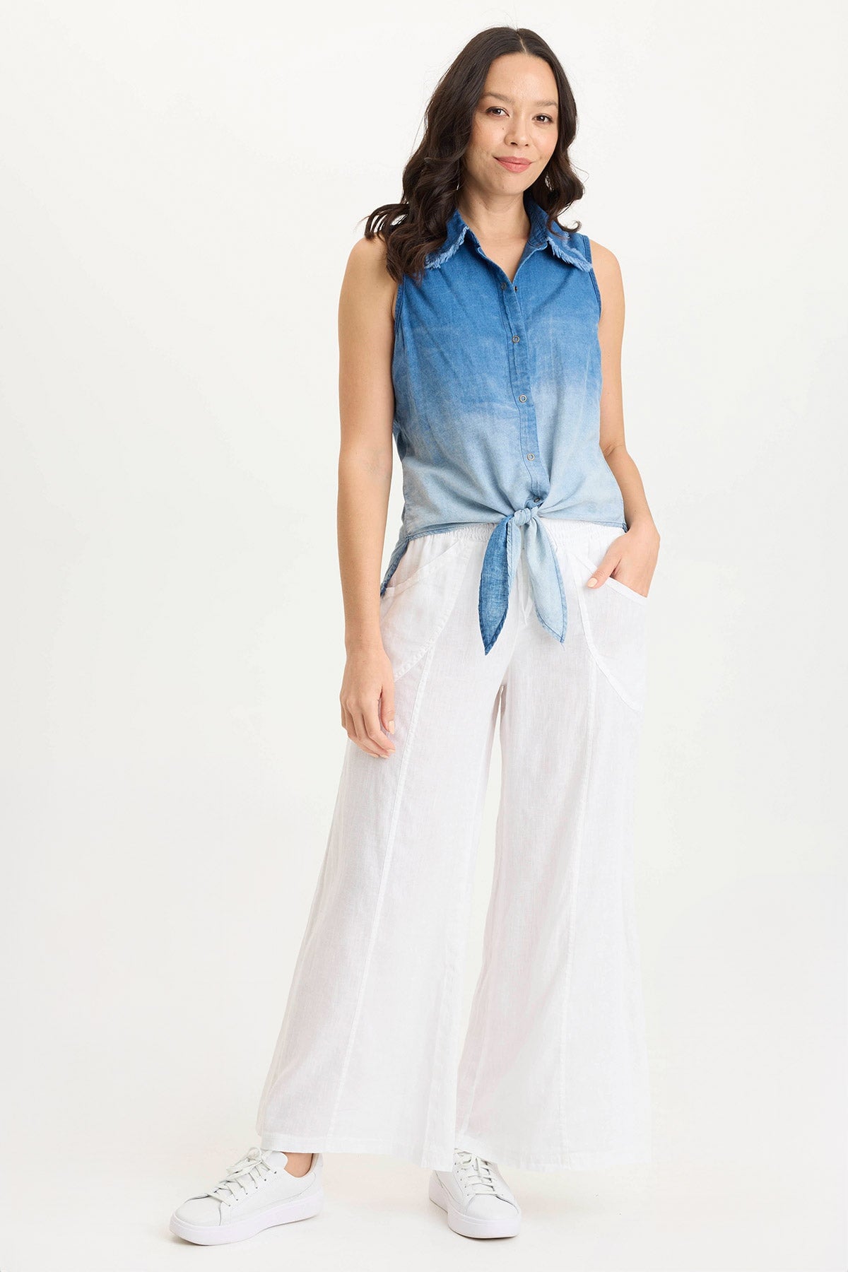 Tague Indigo Twill Knotted High Low Snap Up Tank Top for Women | Stylish Casual & Party Wear | Perfect for Summer Outfits and Beach Vacations