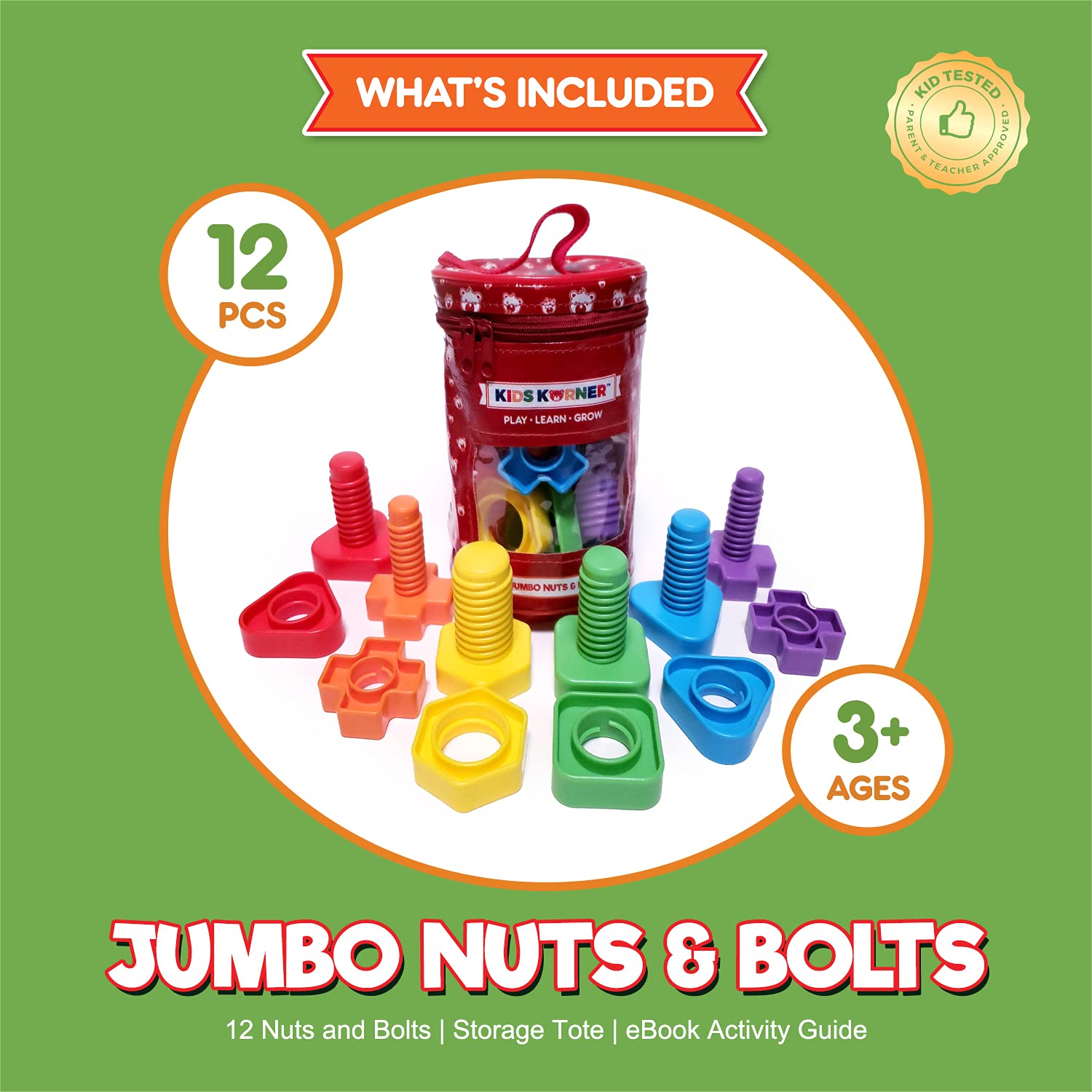 Jumbo Nuts and Bolts Montessori Toys for Toddlers - 12pc Rainbow Matching Game for Fine Motor Skills Development | Occupational Therapy Educational Toys with Storage & eBook - Perfect for Preschool Learning, Daycare Activities & Sensory Play