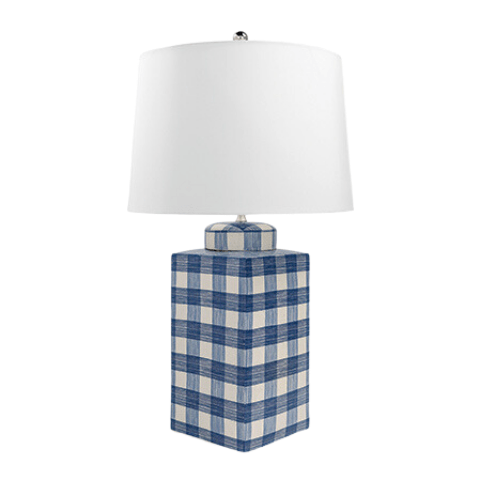 Blue Gingham Porcelain Table Lamp with Fabric Shade - Vintage Style Bedside Lighting for Bedroom, Living Room & Office Decor