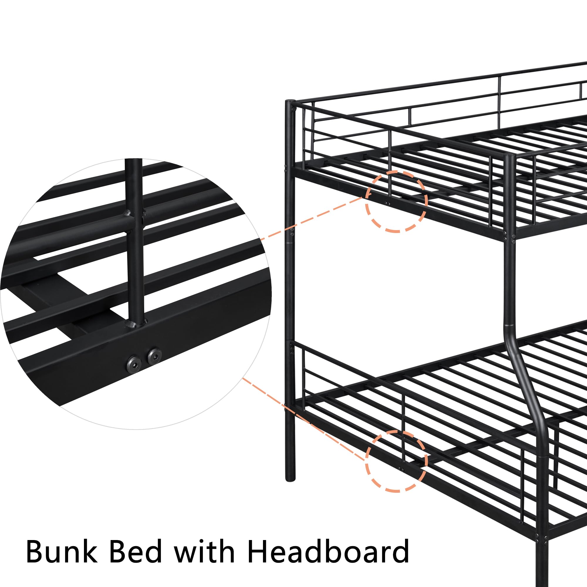 Full XL Over Queen Bunk Bed with Built-in Ladder & Guardrail - Heavy Duty Metal Convertible Bunk Bed for Kids, Teens & Adults - Space Saving Black Bunk Bed for Small Rooms, Dorms, Guest Rooms & Vacation Homes