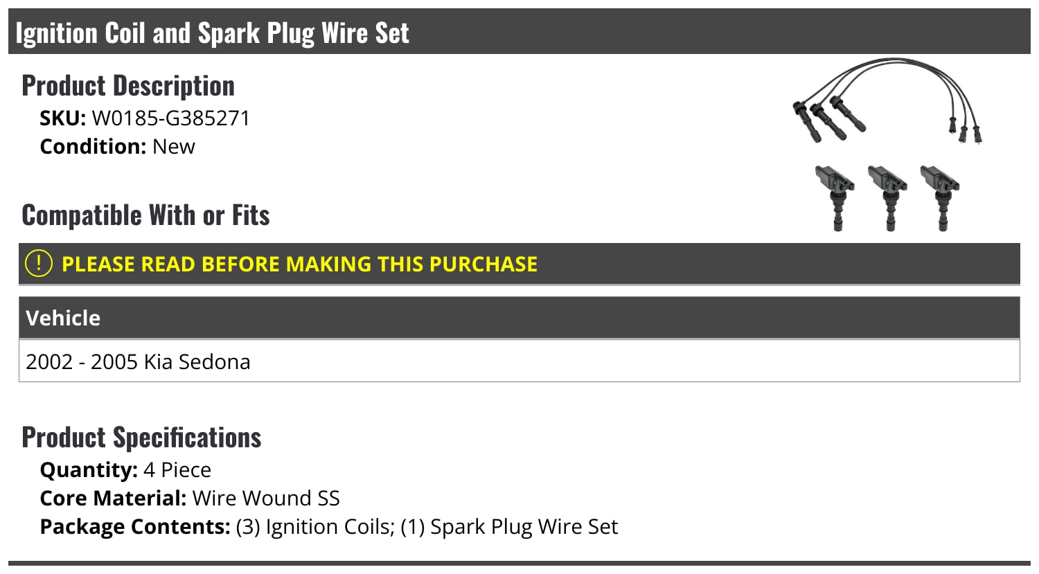 High Performance Ignition Coil and Spark Plug Wire Set (4-Piece) - Compatible with 2002-2005 Kia Sedona LX EX - Improves Engine Power & Fuel Efficiency - Perfect for DIY Auto Repair & Maintenance