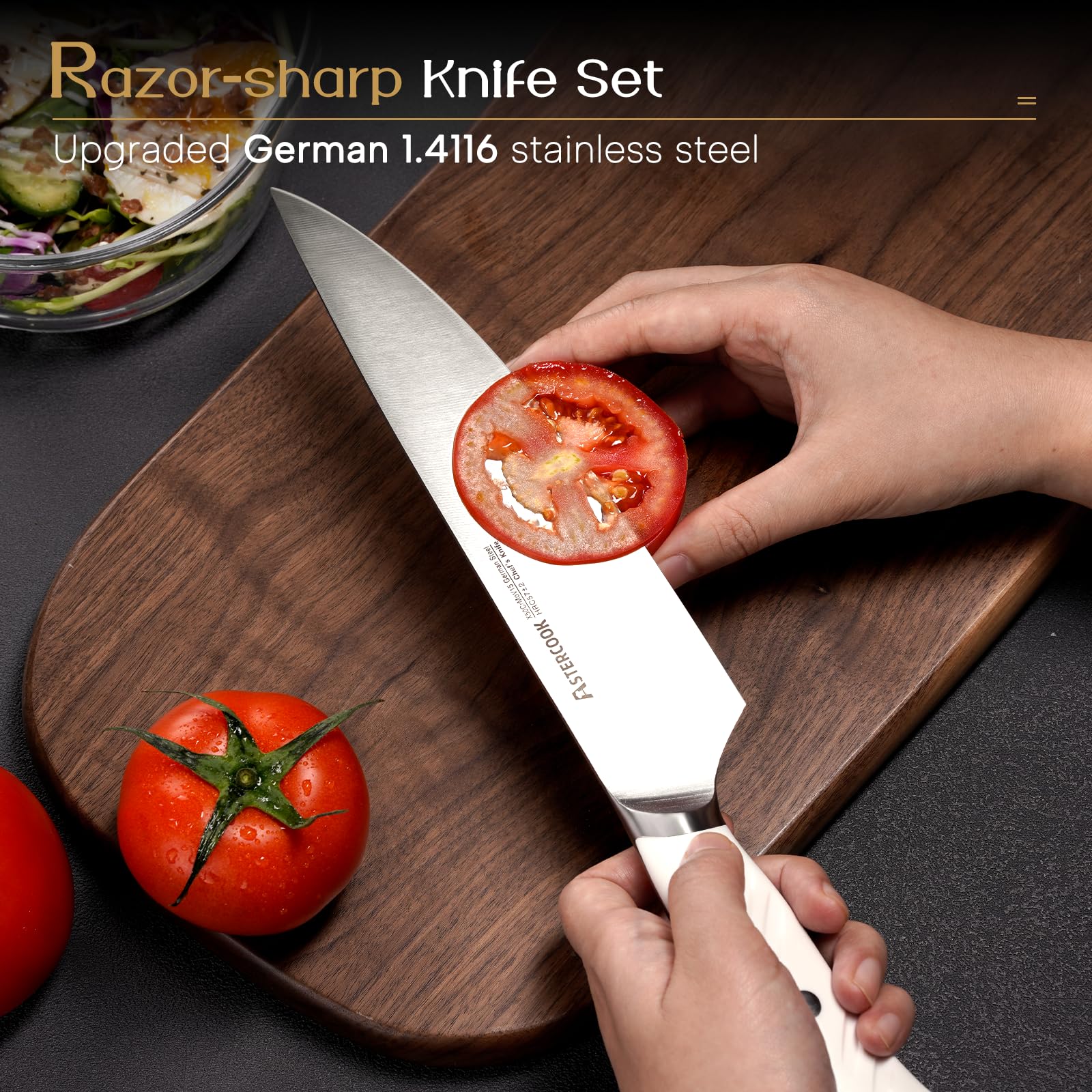 Astercook 15-Piece German Stainless Steel Knife Set with Wooden Block & Sharpener - Full Tang Kitchen Knives, Dishwasher Safe, Anti-Slip Ergonomic Handles (Elegant White) - Perfect for Home Chefs, Cooking Enthusiasts & Professional Kitchens