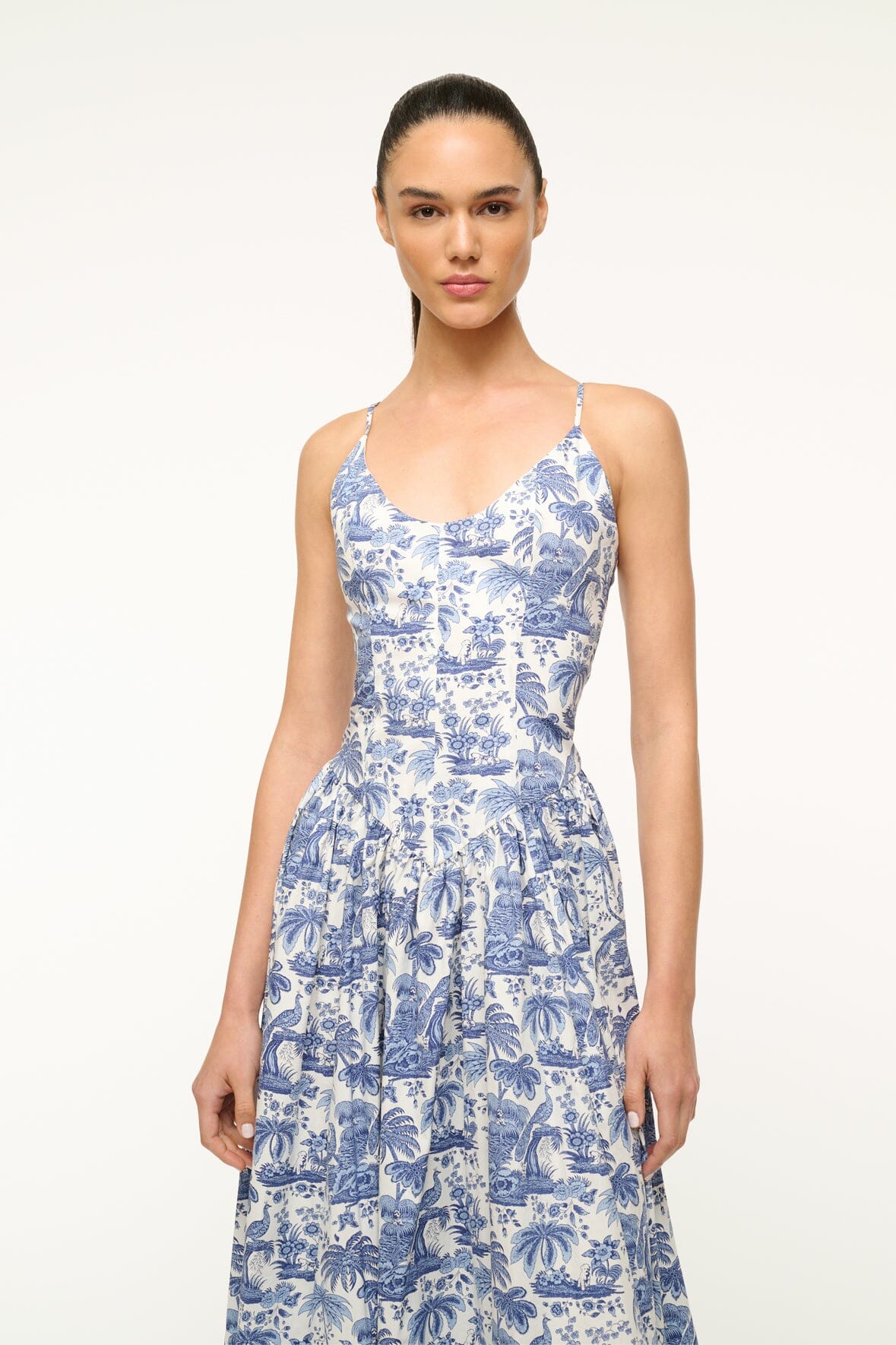 Dena Dress | Blue Toile Floral Print Midi Dress - Perfect for Summer Outings, Beach Vacations & Casual Events