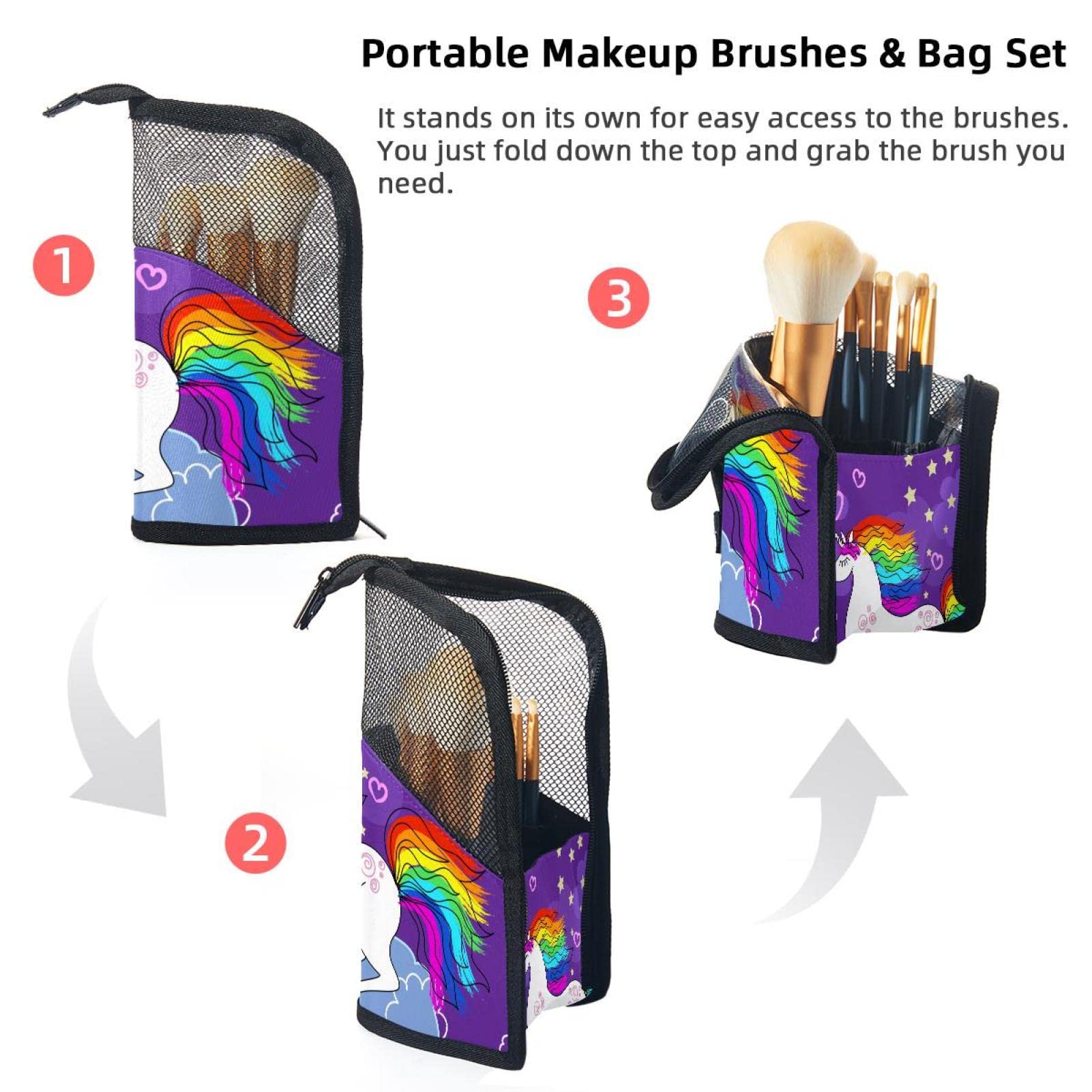 12-Piece Unicorn Rainbow Moon Cloud Makeup Brush Organizer Bag - Portable Travel Cosmetic Brush Holder Set for Professional & Home Use