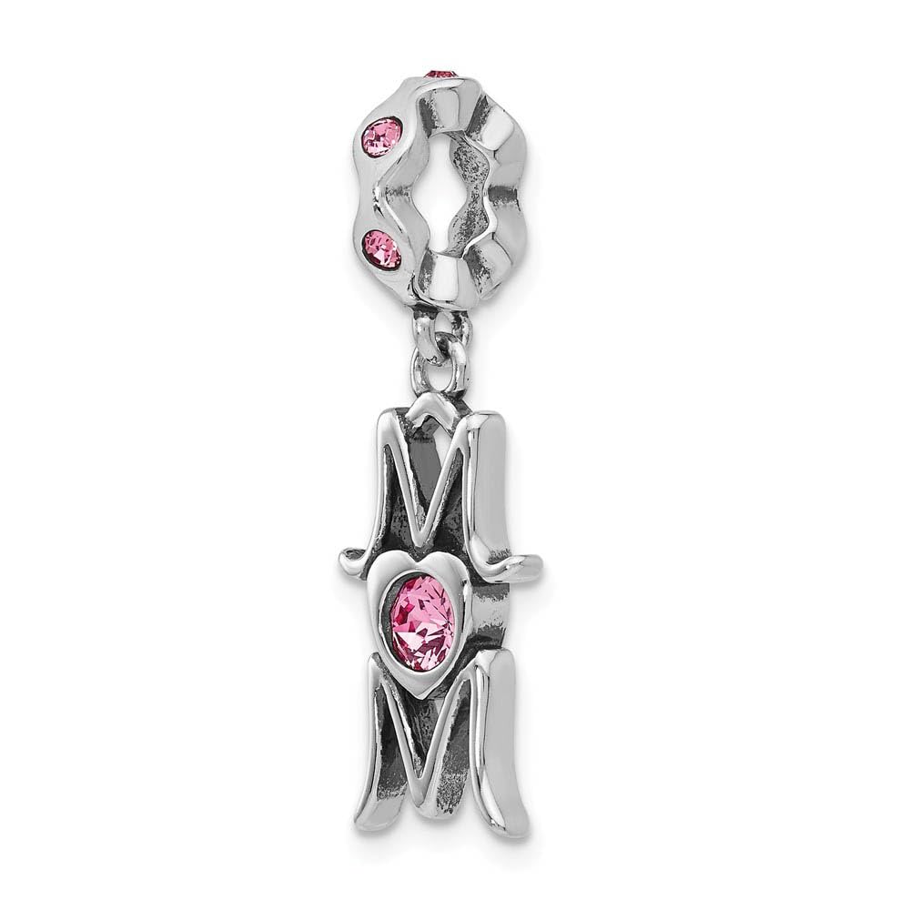 Black Bow Sterling Silver Pink Crystal Mom Charm - Perfect for Jewelry Gifts