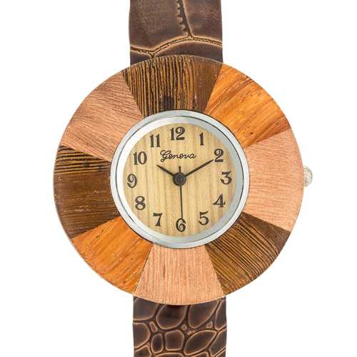 Brenna Dark Brown Wood-Inspired Leather Cuff Watch for Women - Stylish Minimalist Wristwatch for Casual & Office Wear