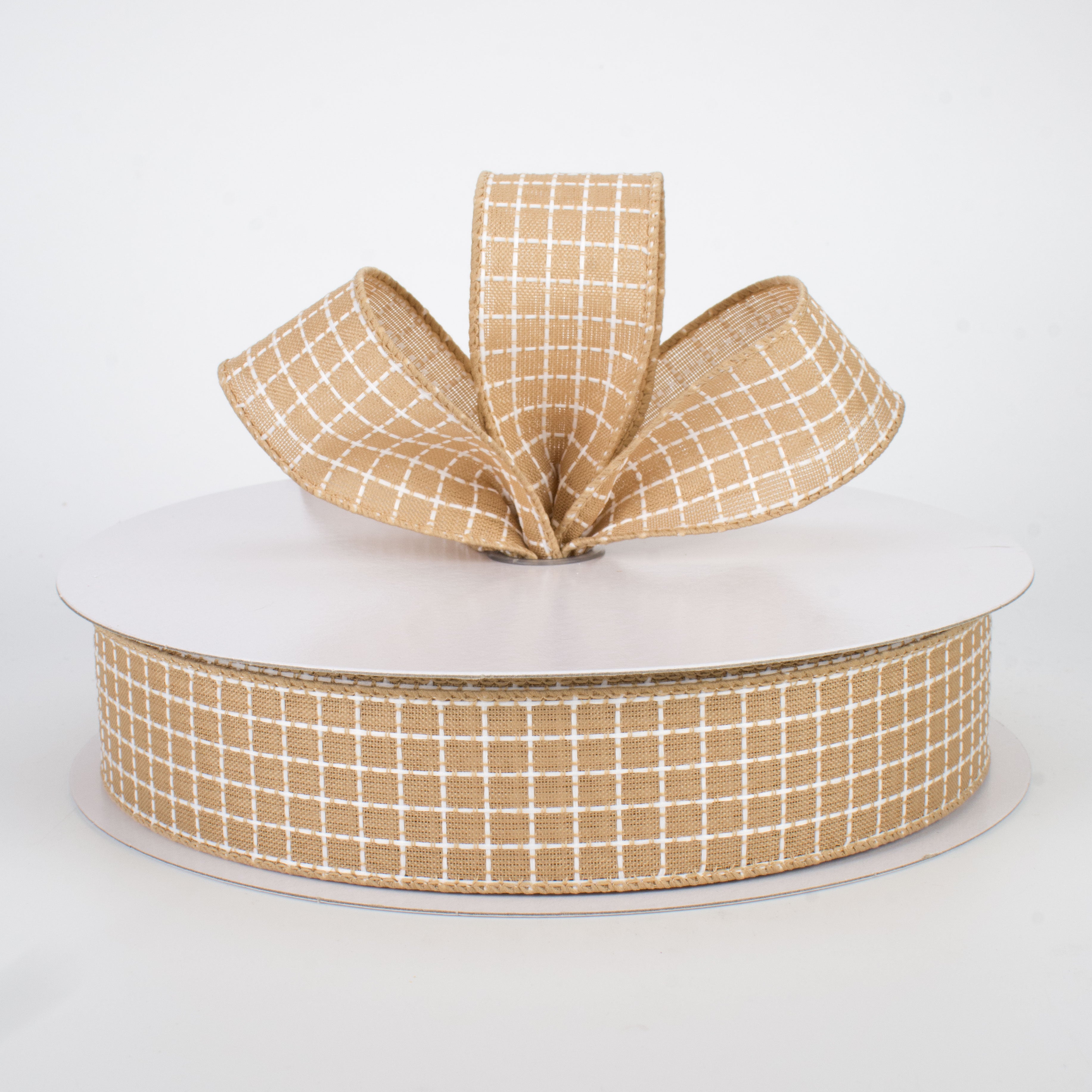 1.5 Inch Embroidered Stitched Squares Ribbon - Natural Cotton Craft Ribbon (50 Yards) for DIY Scrapbooking, Gift Wrapping & Wedding Decorations