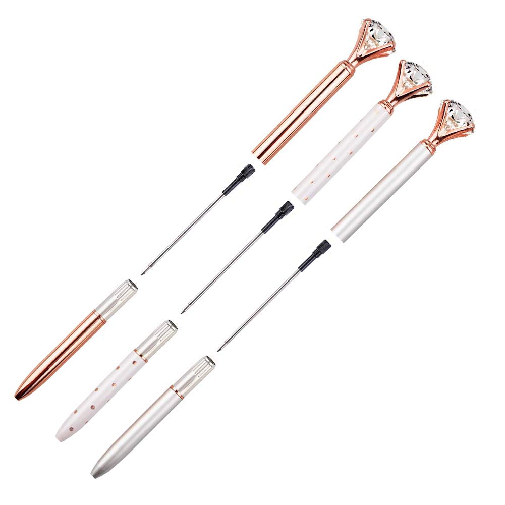 3 PCS Luxury Crystal Diamond Ballpoint Pens - Bling Metal Office & School Writing Pens (Silver/White Rose Polka Dot/Rose Gold) with 3 Refills - Perfect for Business Meetings, Gift Giving & Note Taking