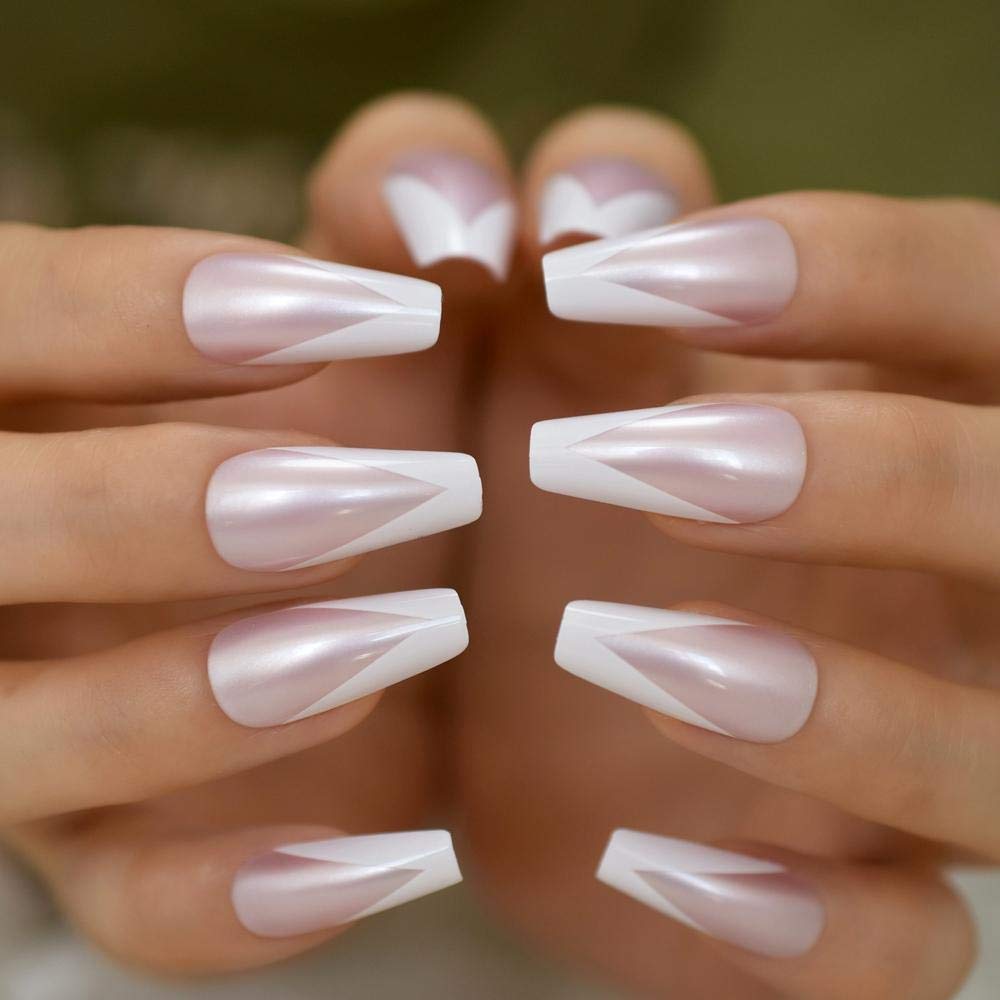 HUJL False Nails - Shiny French Pink Pearl Press On Fake Nails, Long Ballerina & Coffin Shape Nail Covers with Extension Tool | Perfect for Parties, Weddings & Special Occasions