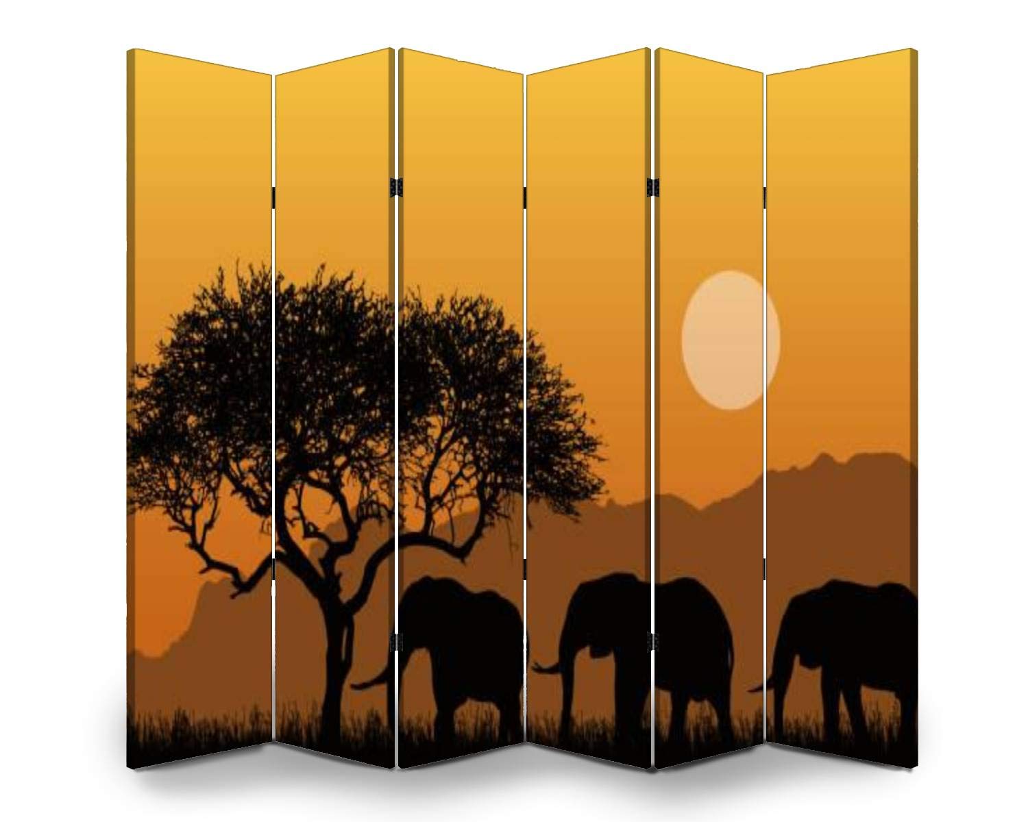 6-Panel Folding Room Divider Screen - African Safari Mountain Landscape Silhouette Design - Freestanding Privacy Partition for Indoor/Outdoor Use - Perfect for Home Office, Bedroom Separation, and Event Decoration
