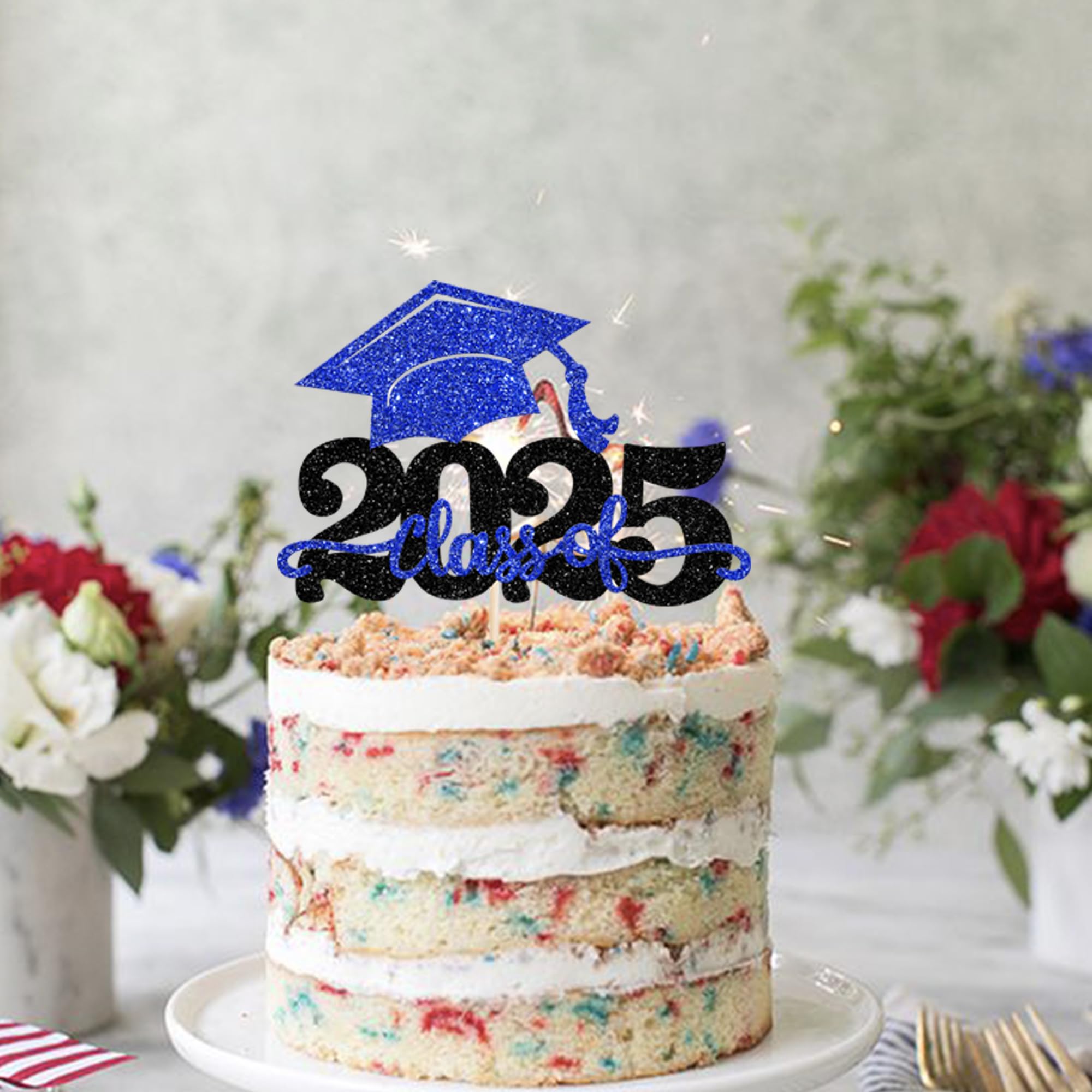 2025 Graduation Cake Topper - Glitter Congrats Grad Cap Cake Pick for Class of 2025 | High School Graduation Party Decorations (Black & Blue) | Perfect for Graduation Cakes, Cupcakes & Dessert Tables