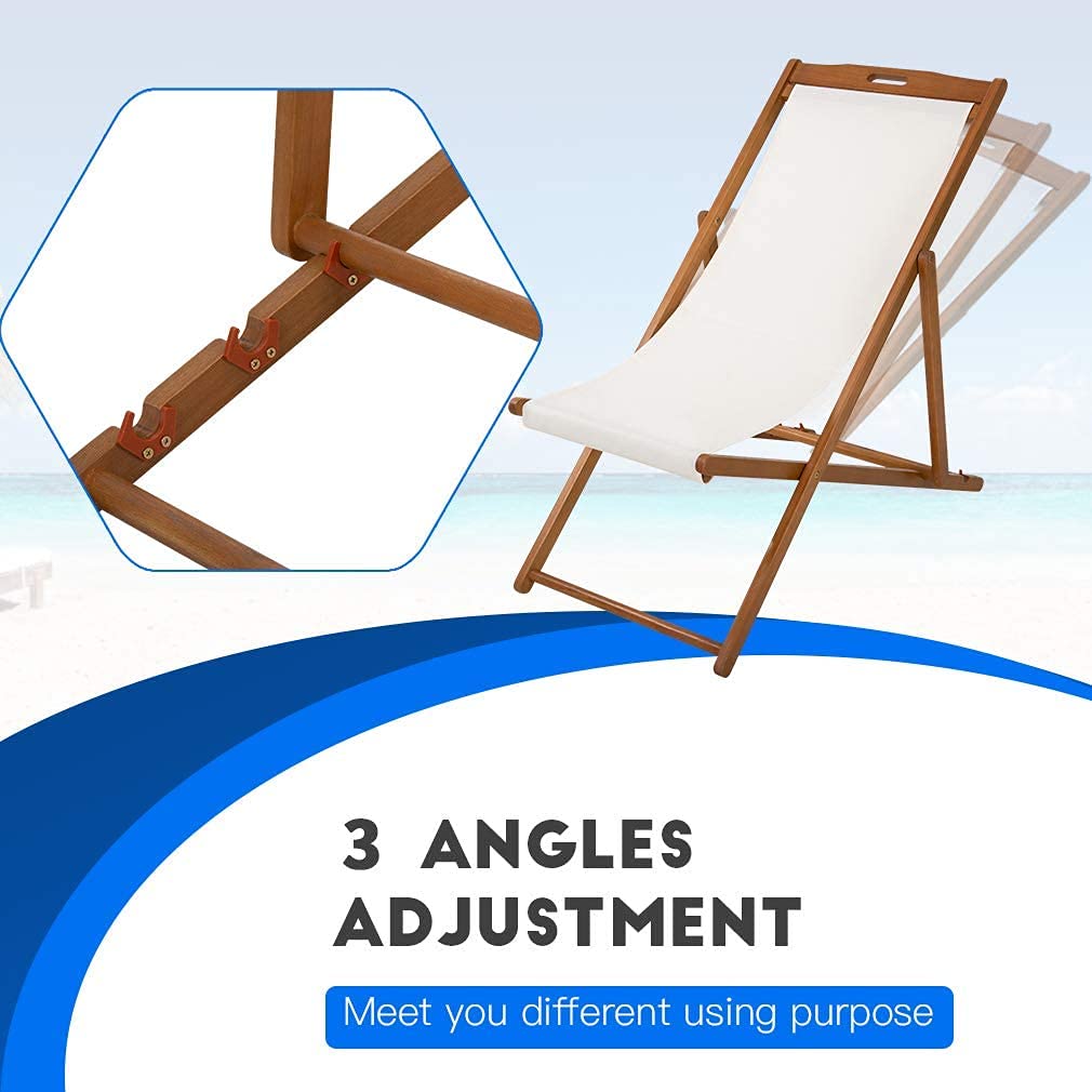 2-Pack Adjustable Reclining Beach Chairs - Portable Folding Lounge Chairs with Solid Eucalyptus Wood Frame & White Polyester Canvas - 3-Level Height Adjustment for Outdoor, Poolside, Camping & Backyard Relaxation