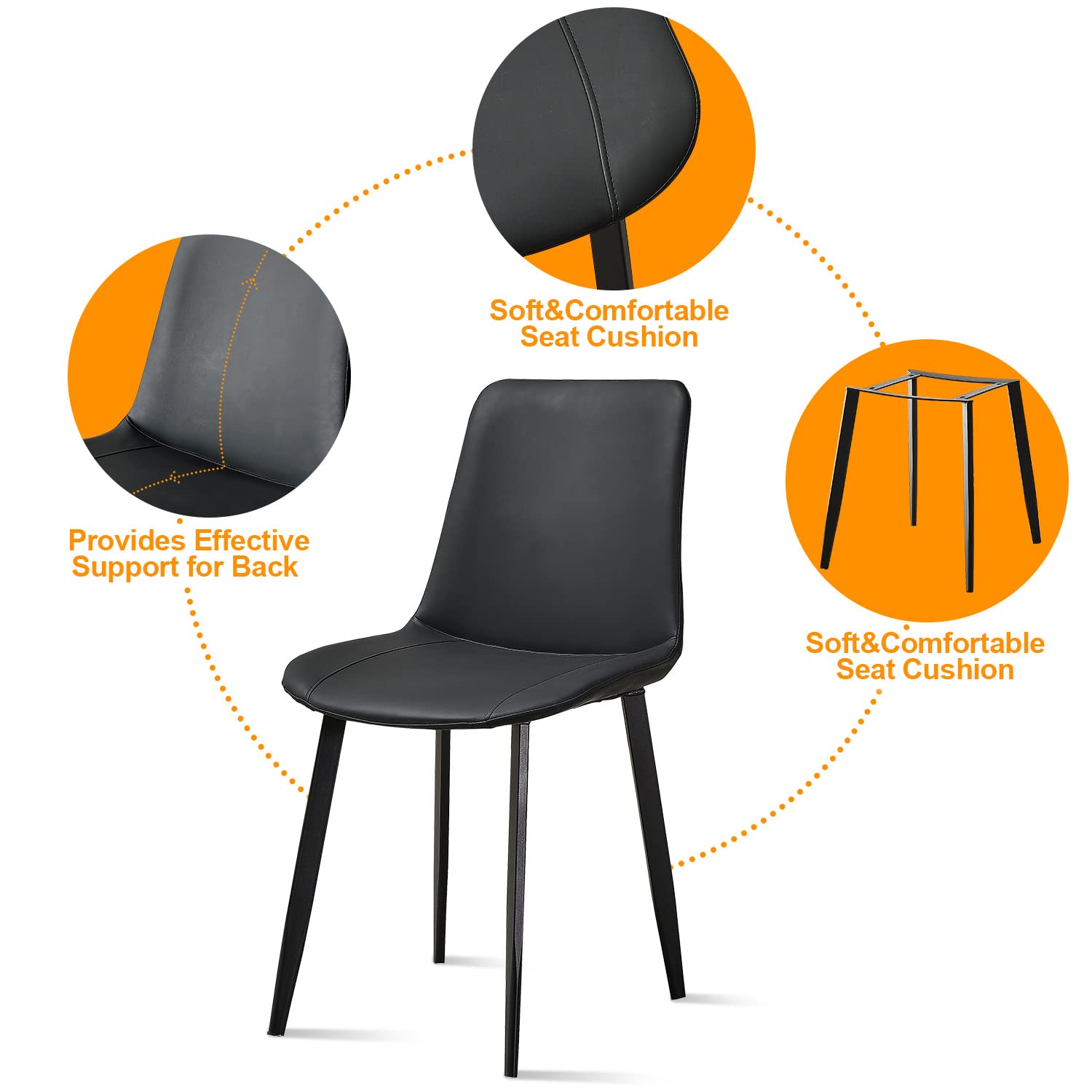 Set of 4 Black Faux Leather Dining Chairs - Mid Century Modern Kitchen Chairs with Sturdy Metal Legs for Dining Room, Restaurant & Living Room - Perfect for Home Decor, Office Meetings and Family Gatherings
