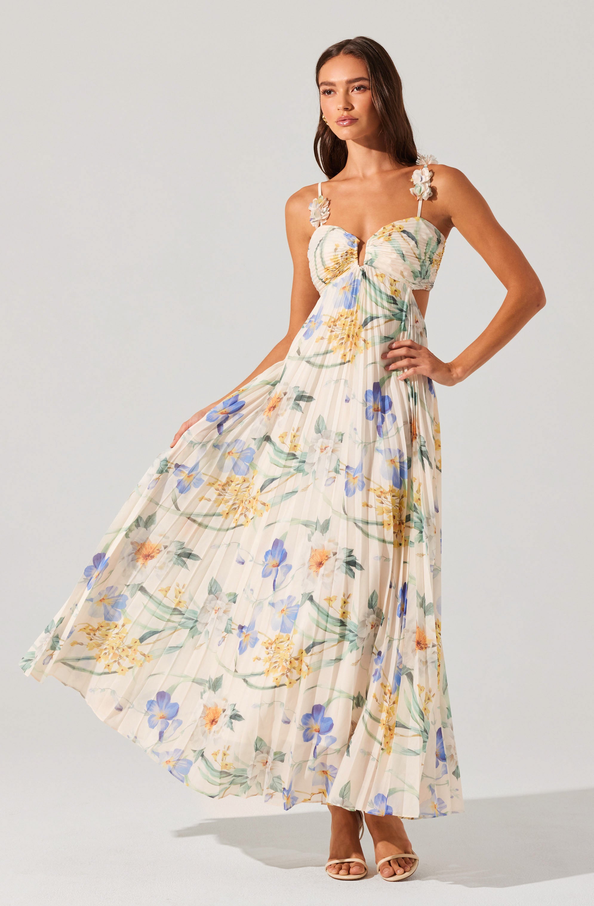 Emese Floral Print Pleated Maxi Dress for Women - Summer Beach Wedding Party & Vacation Outfit