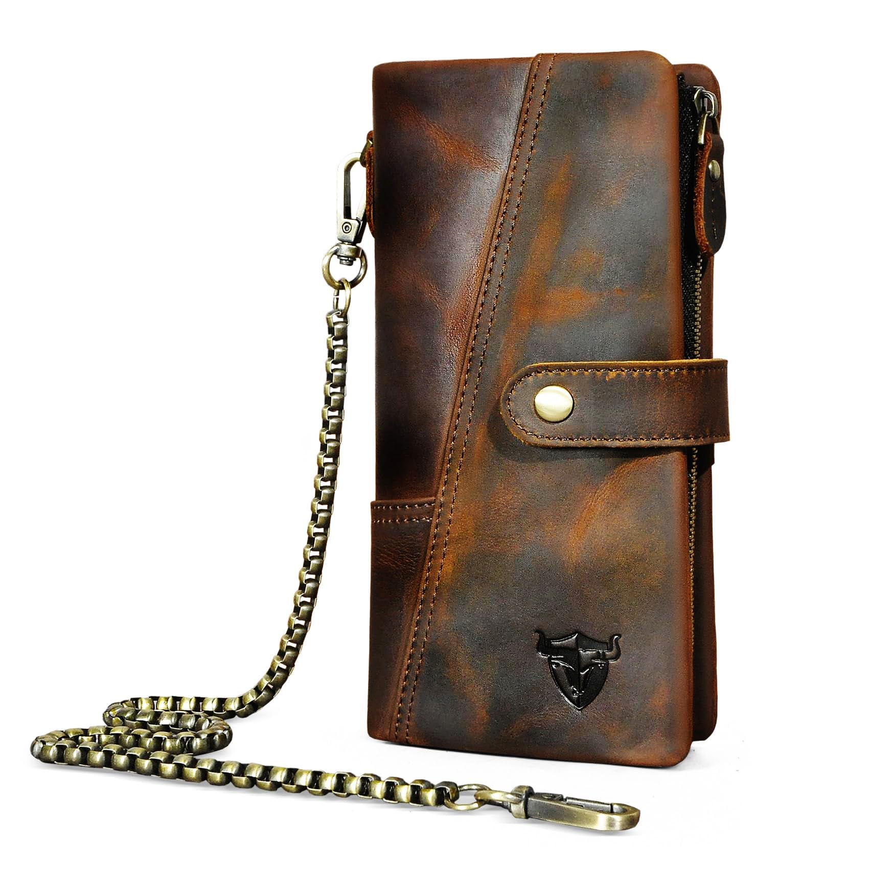 Authentic Crazy Horse Leather RFID Blocking Wallet for Men - Slim Travel Card Holder with Snap Closure & Detachable Chain - Perfect for Everyday Use, Business Trips, and Gift Giving (1803 Brown)