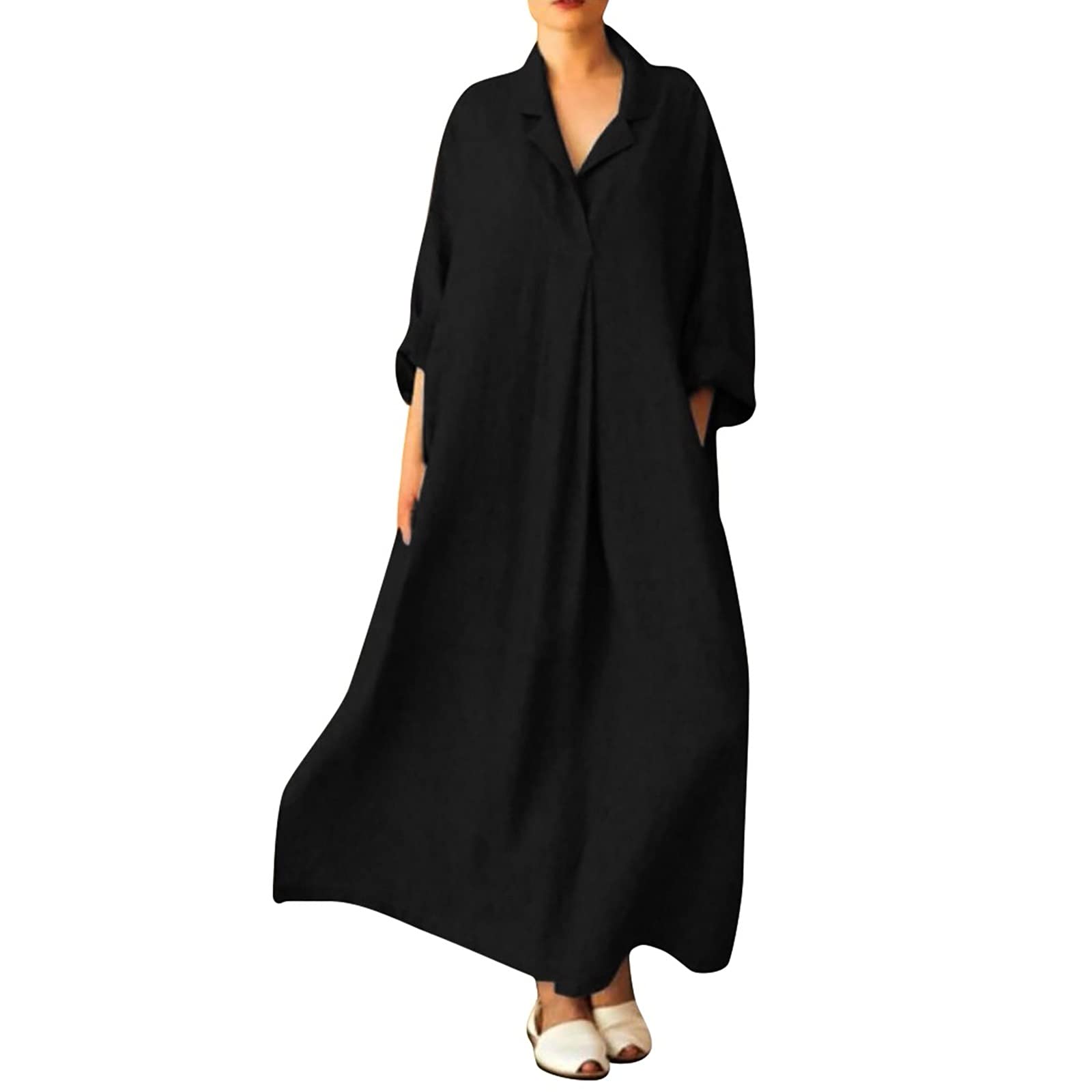HUANKD Women's Long Maxi Dresses - Cotton Kaftan Long Sleeve Oversized Plus Size Casual Dress for Beach, Vacation & Everyday Wear