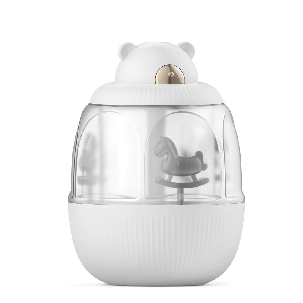 **USB Carousel Humidifier with Music Box - Auto Shut Off Timer, Sleep Mode & Night Light - Quiet Essential Oil Diffuser for Baby, Bedroom, Large Room & Home - White (Perfect for Nursery, Office & Travel Use)**