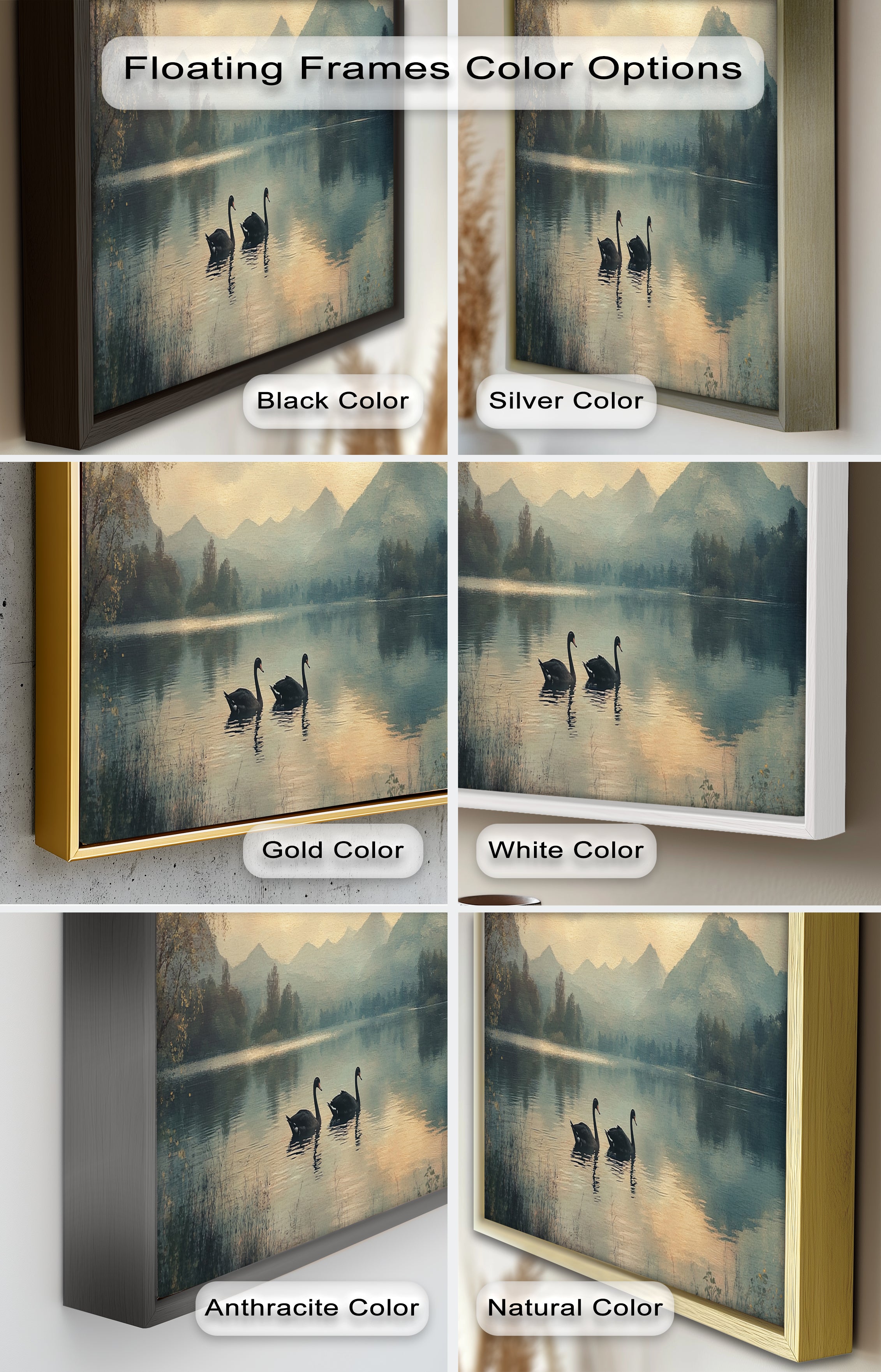 Black Swans on a Mountain Lake - Modern Oil Painting Wall Art for Living Room, Bedroom & Office Decor | Handmade Canvas Artwork | Nature Inspired Home Decoration