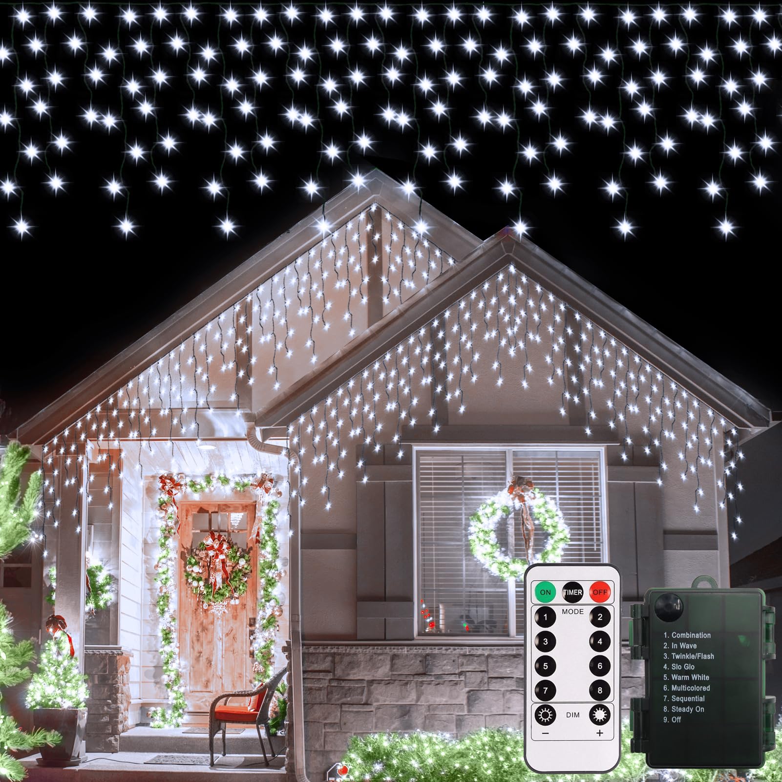 102 LED White Icicle Christmas Lights with Timer - 10Ft Outdoor Waterproof String Lights, Dimmable Fairy Lights with 18 Drops & Green Wire for Porch, Roof, Eave - Perfect for Holiday Decor, Party, and Winter Home Decoration