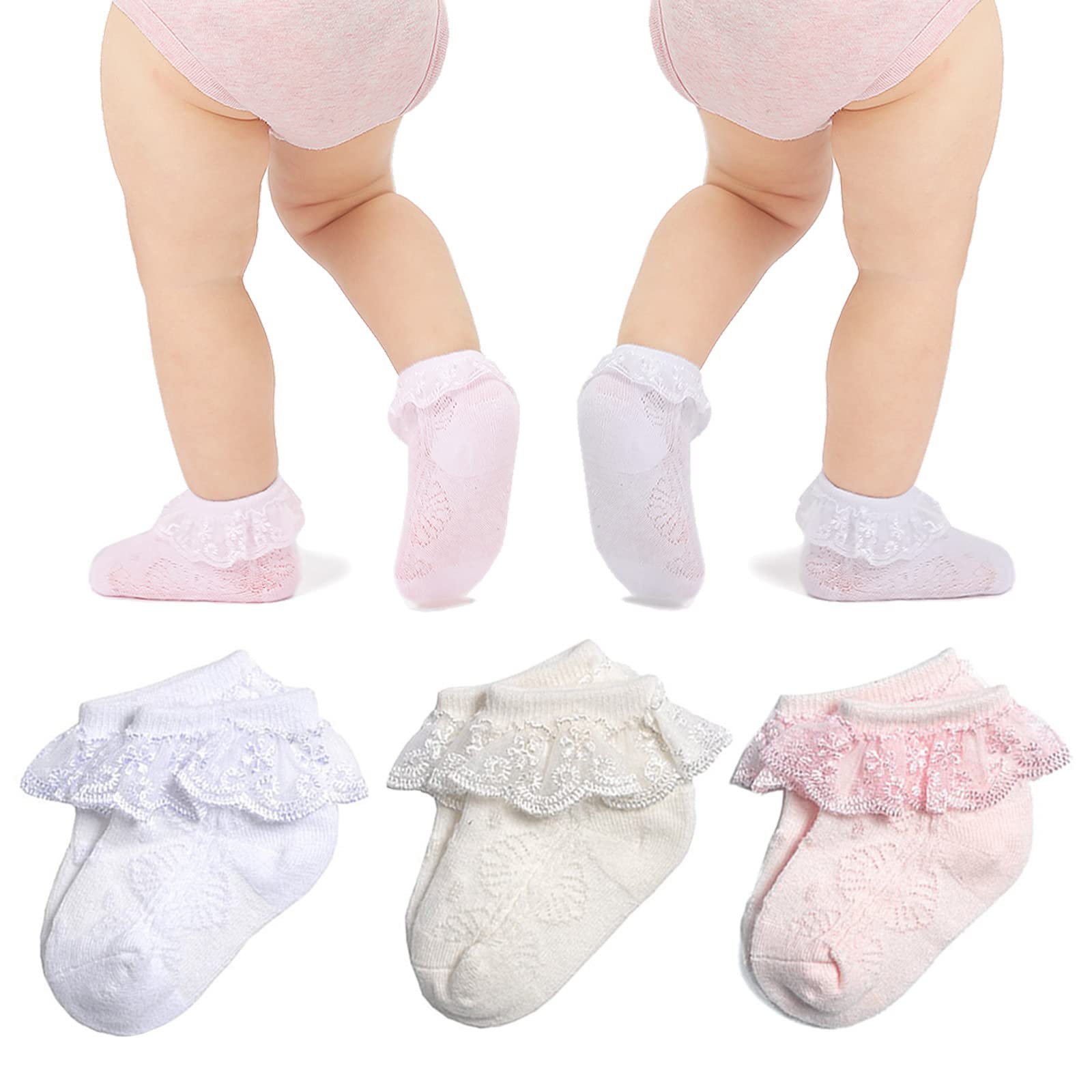 Baby Girl Lace Socks with Eyelet Ruffles - 2/3/5/6 Pairs Pack - Princess Dress Socks for Newborn, Infant & Toddler - Perfect for Special Occasions, Photo Shoots & Everyday Wear