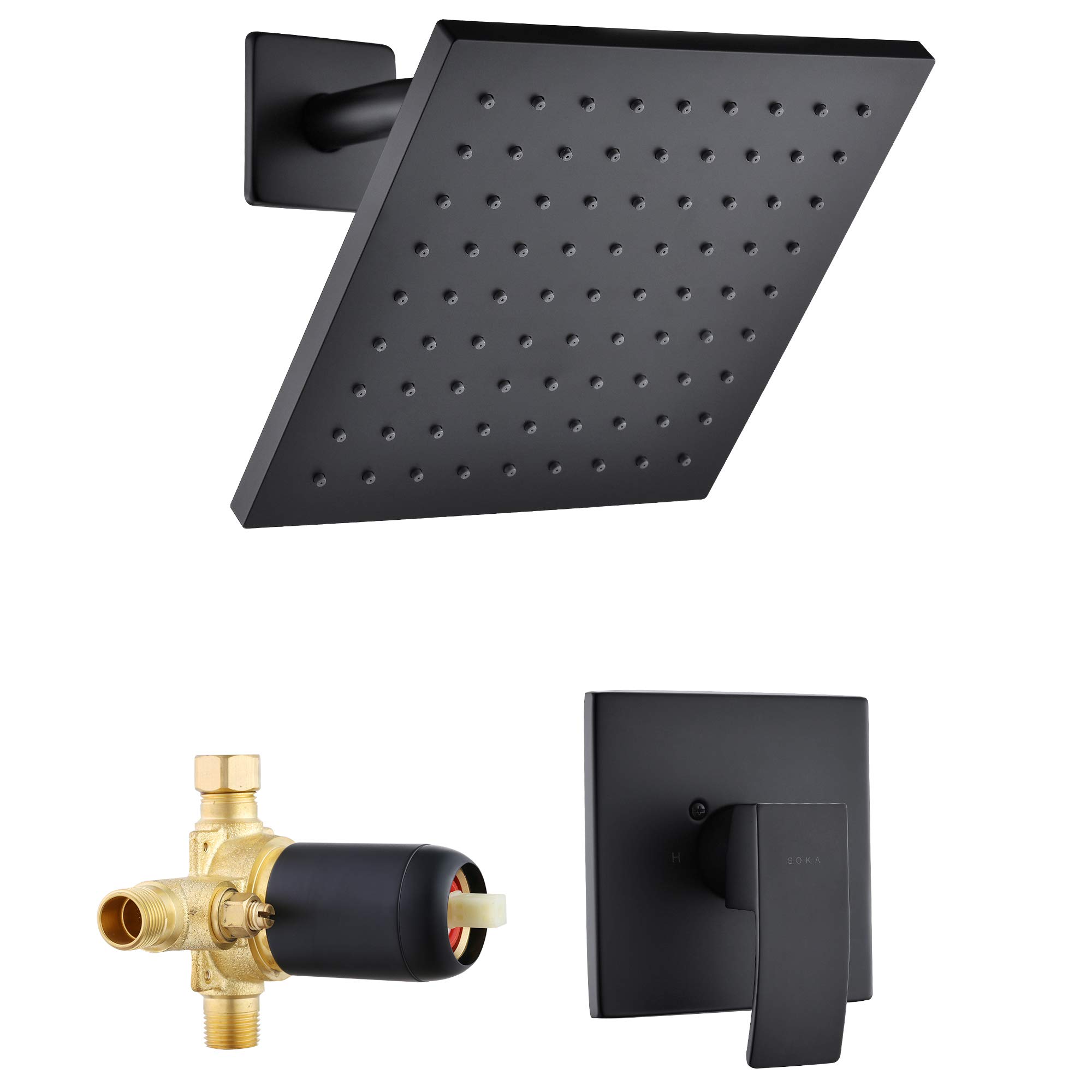 SOKA Matte Black Shower Faucet Set - 8 Inch Rainfall Shower Head with Pressure Balance Valve | Modern Square Shower System for Bathroom | Perfect for Spa-Like Experience & Luxury Home Renovation