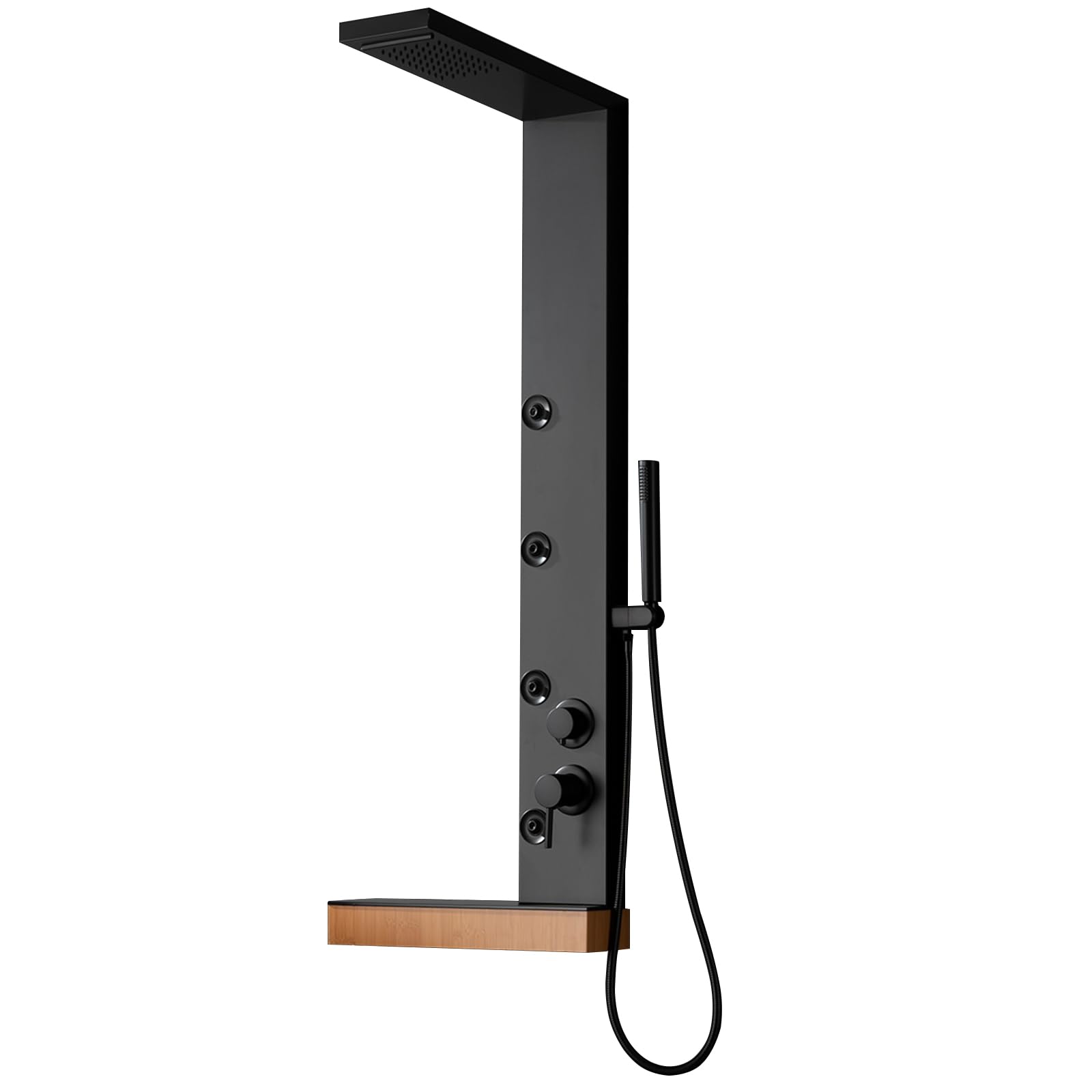 5-in-1 Stainless Steel Shower Panel System with Rainfall Shower Head, Waterfall & Body Jets - Matte Black Bathroom Fixture with Storage Shelf | Perfect for Spa-Like Experience & Modern Bathroom Upgrade