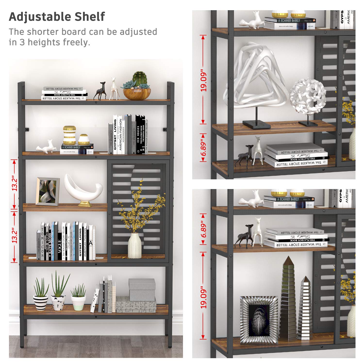 Weehom 5-Tier Adjustable Industrial Bookshelf - Modern Wood Bookcase with Sturdy Metal Frame, Open Storage Shelves for Living Room, Bedroom, Office & Kitchen - Perfect for Organizing Books, Decor & Kitchen Supplies