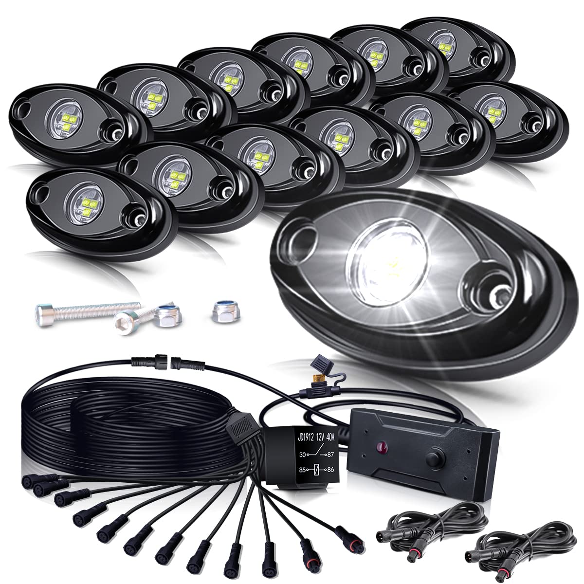 12PCS R1 White LED Rock Lights Kit with Switch & Wiring Harness - Waterproof Shockproof Off-Road Lighting for Jeep, Truck, ATV, UTV, SUV, Boat (12V-32V DC) - Perfect for Night Off-Roading, Underbody Accent Lighting & Vehicle Customization