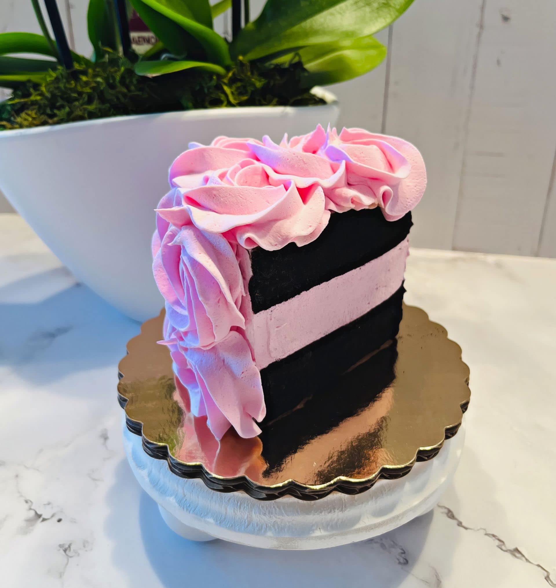 Artificial Cupcakes & Fake Cake for Display - USA Made Faux Cake Decorations - Home & Kitchen Fake Desserts - Fake Cake Slice with Pink Rosette - Perfect for Wedding, Party & Bakery Display