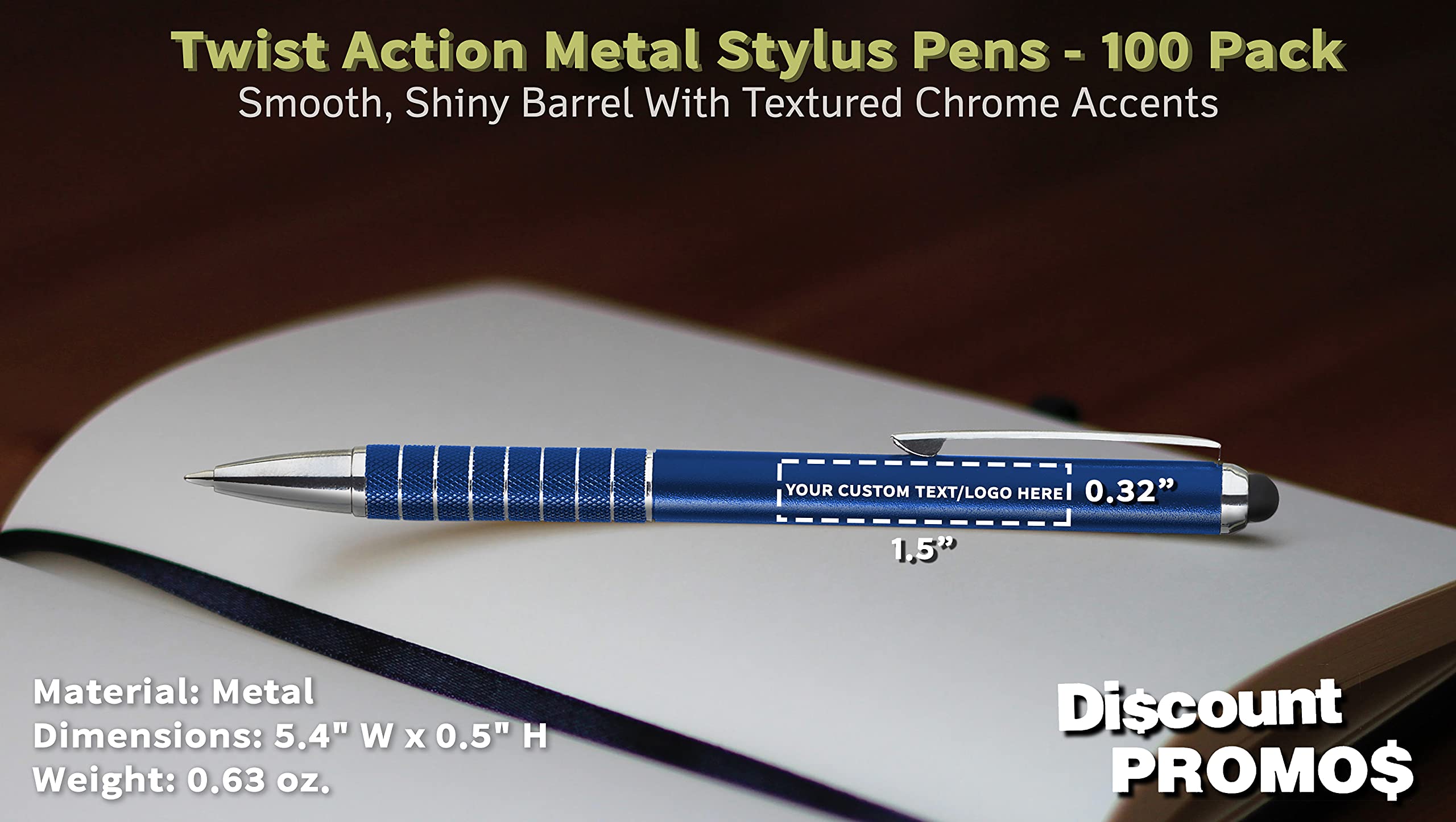 100 Pack Twist Action Metal Stylus Pens with Custom Text/Logo - Dual Tip Smooth Writing Black & Blue Ink - Perfect for Tablets, Smartphones, Office Use & Bulk Business Promotions