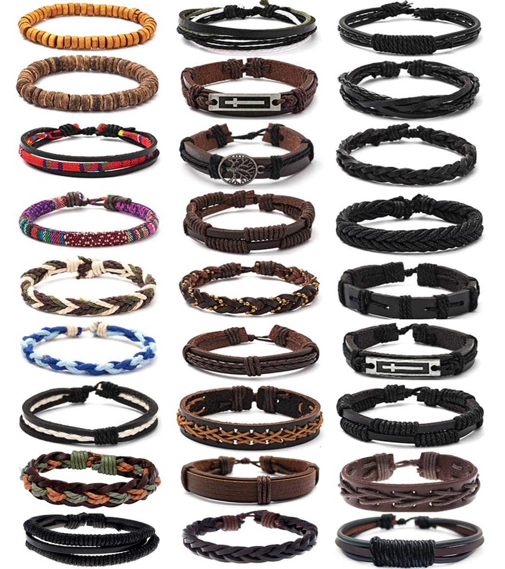 MOZAKA 27Pcs Braided Leather Bracelets for Men & Women - Adjustable Ethnic Tribal Woven Cuff Wrap Friendship Bracelets - Perfect for Gifts, Boho Fashion & Festival Accessories