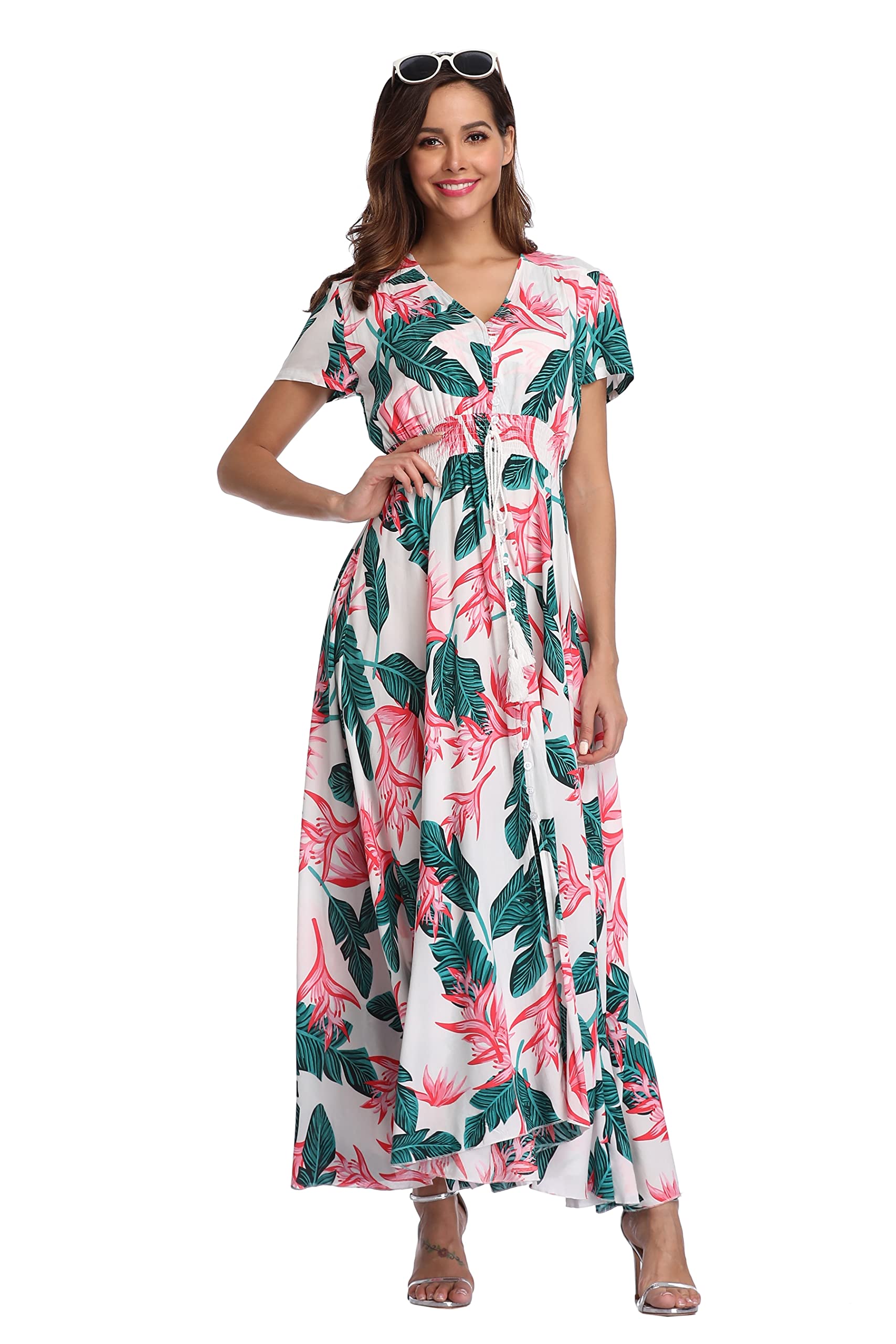 Boho Floral Maxi Dress for Women - Summer Button Up Beach Dress with Side Split & Flowy Design | Perfect for Beach Parties, Vacations & Casual Outings