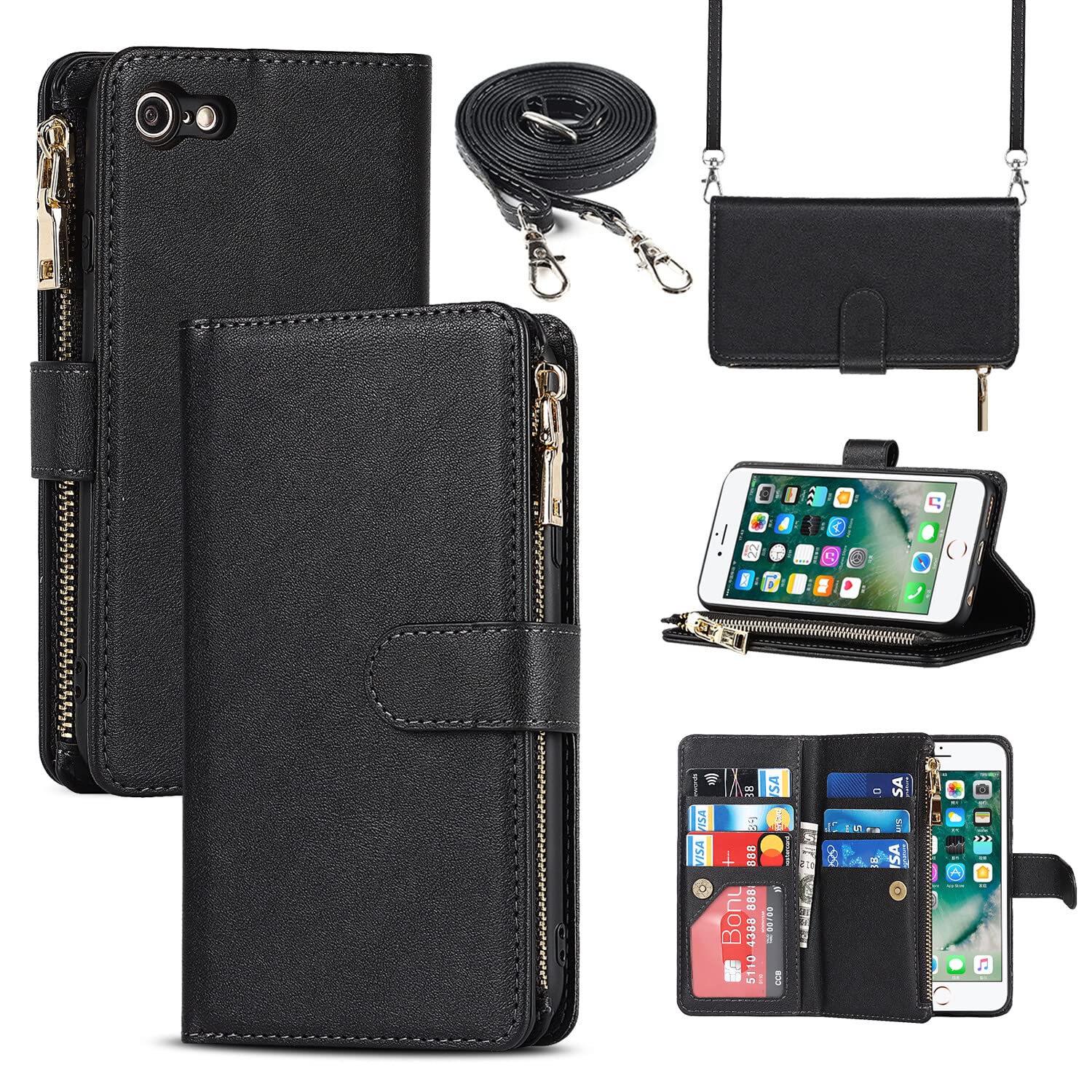 Premium Leather Magnetic Wallet Case for iPhone SE/8/7 - RFID Blocking Card Holder with Strap Stand - Slim Protective Cover for Men & Women - Perfect for Travel, Work & Everyday Use (Black)