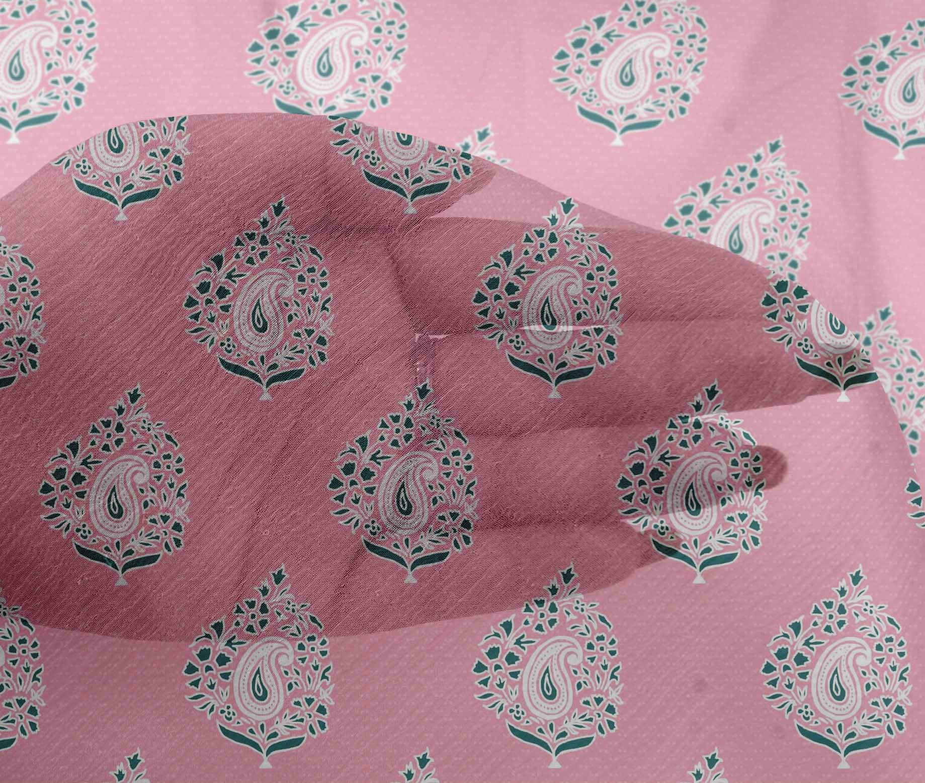 oneOone Viscose Chiffon Fabric - Pink Floral Leaves Print Dress Material by The Yard, 42 Inch Wide - Perfect for Summer Dresses, Scarves & DIY Sewing Projects
