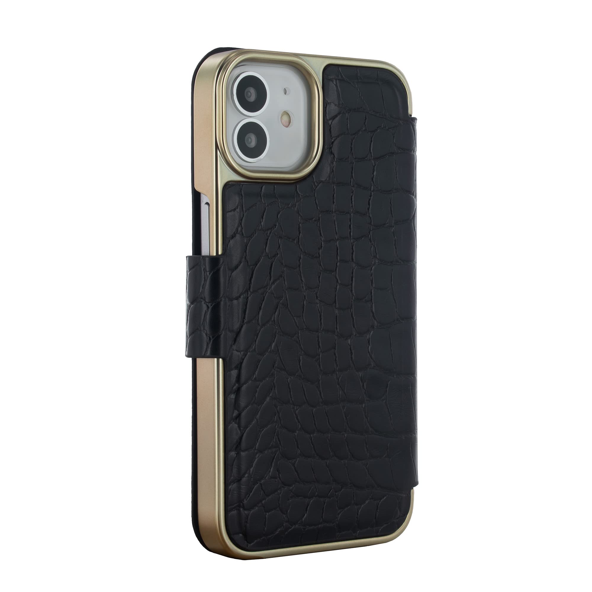 Ted Baker KHAILIA Black Croc-Embossed Leather Wallet Phone Case for iPhone 12/12 Pro - Dual Card Slots & Gold Shell | Stylish Protective Cover for Everyday Use & Business Meetings
