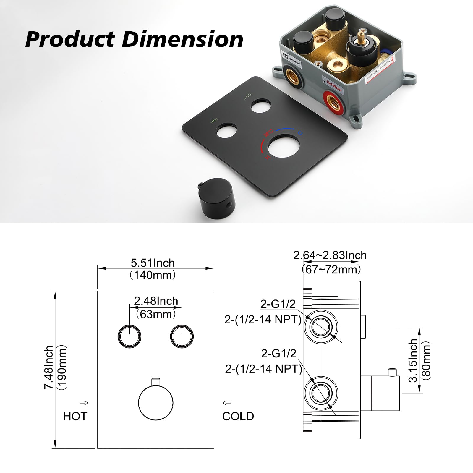 QISHENG Thermostatic Shower Diverter Valve - 2 Way Push Button Shower Valve Kit, Black Wall Mounted Bathroom Fixture for Simultaneous Use | Perfect for Bathroom Renovation & Shower System Upgrade