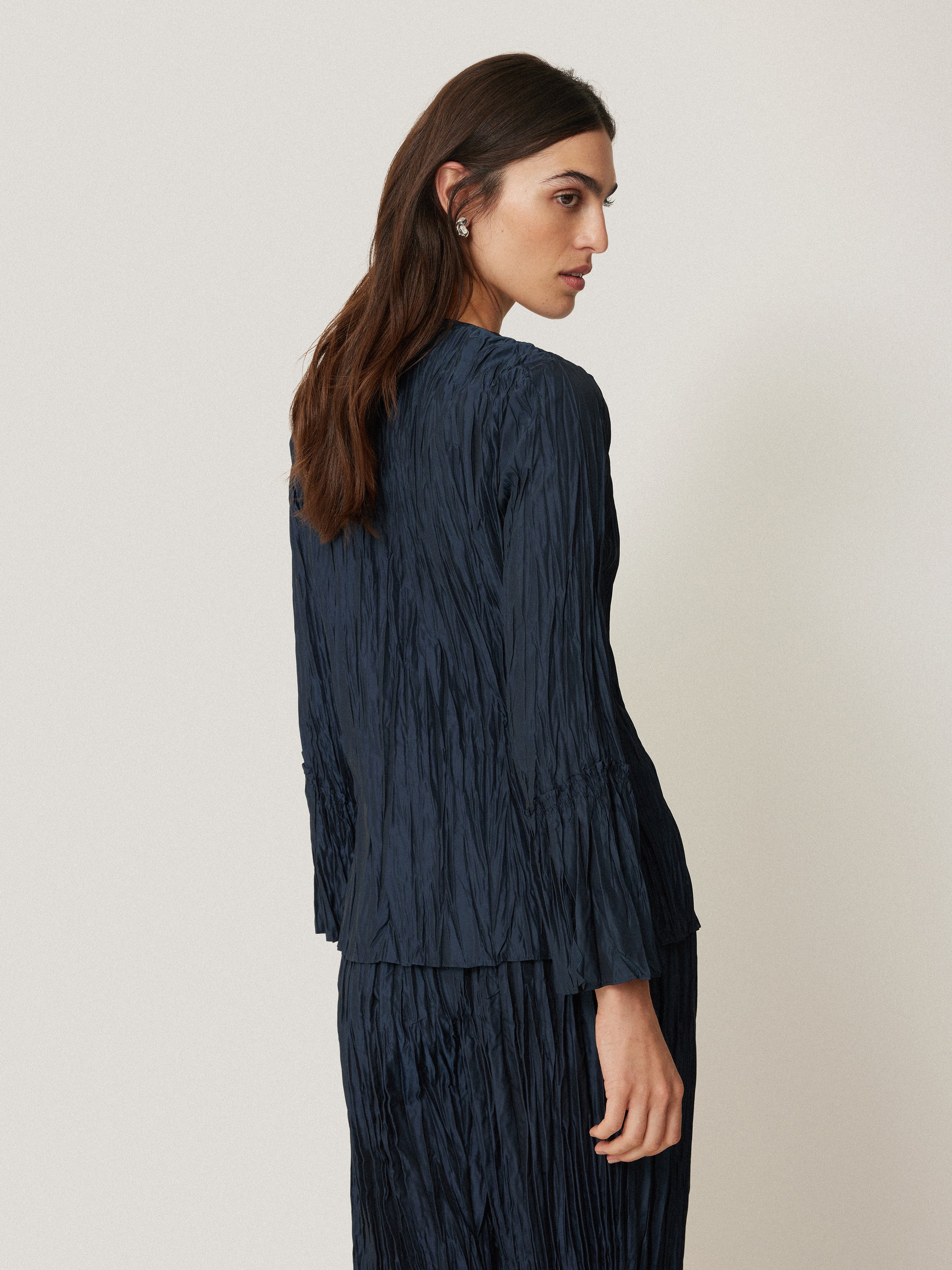 Women's Navy Plisse Button Up Blouse - Stylish & Comfortable for Work, Casual & Date Night Outfits