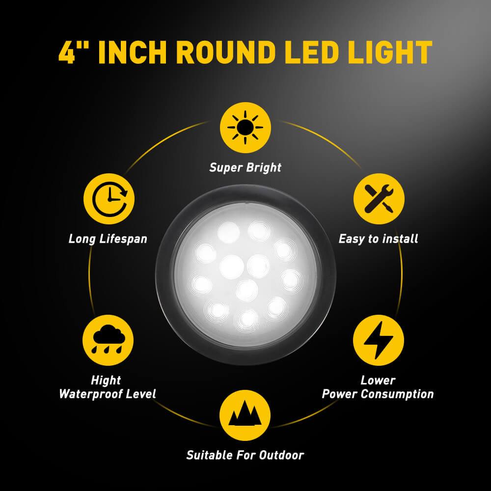 4 Inch 12 LED Round Tail Lights Kit with 3 Pin Waterproof Plug - Universal Rear Reverse Brake Lights for Trucks, SUVs, Trailers & Boats - Perfect for Night Driving, Off-Roading & Marine Applications