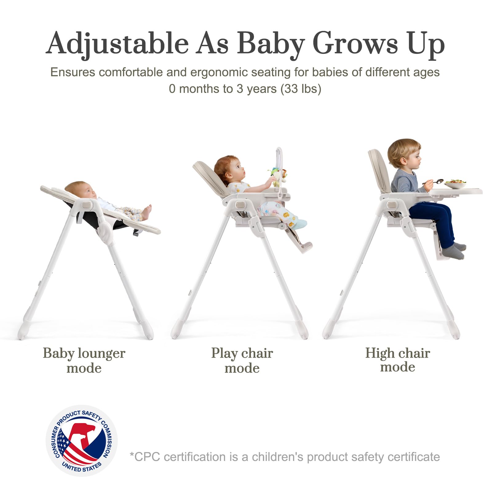 3-in-1 Convertible Baby High Chair with 6 Height & 3 Recline Adjustments - Foldable Toddler Feeding Chair with Removable Tray, 3 Detachable Toys & Built-in Wheels - Perfect for Dining, Weaning & Playtime (Taupe)