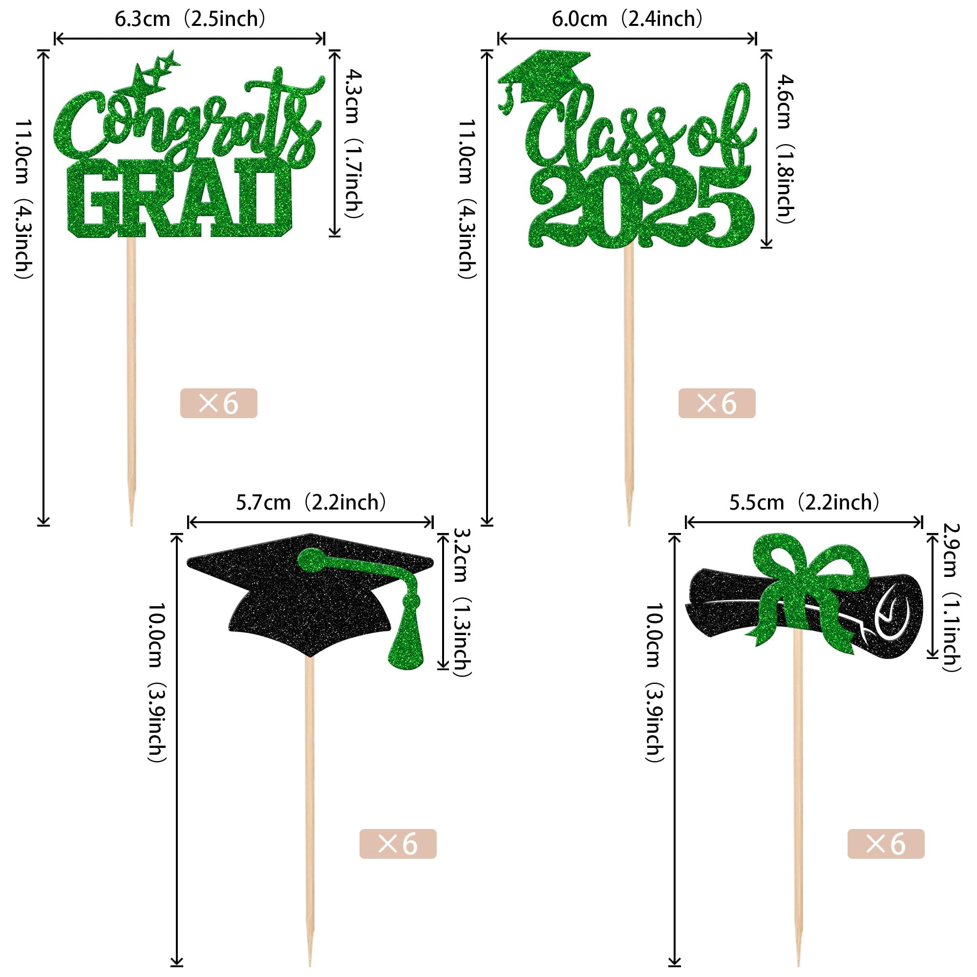 24 PCS Class of 2025 Graduation Cupcake Toppers - Glitter 2025 Congrats Grad Cap & Diploma Cake Decorations - Green Graduation Party Supplies for High School, College Commencement Celebrations