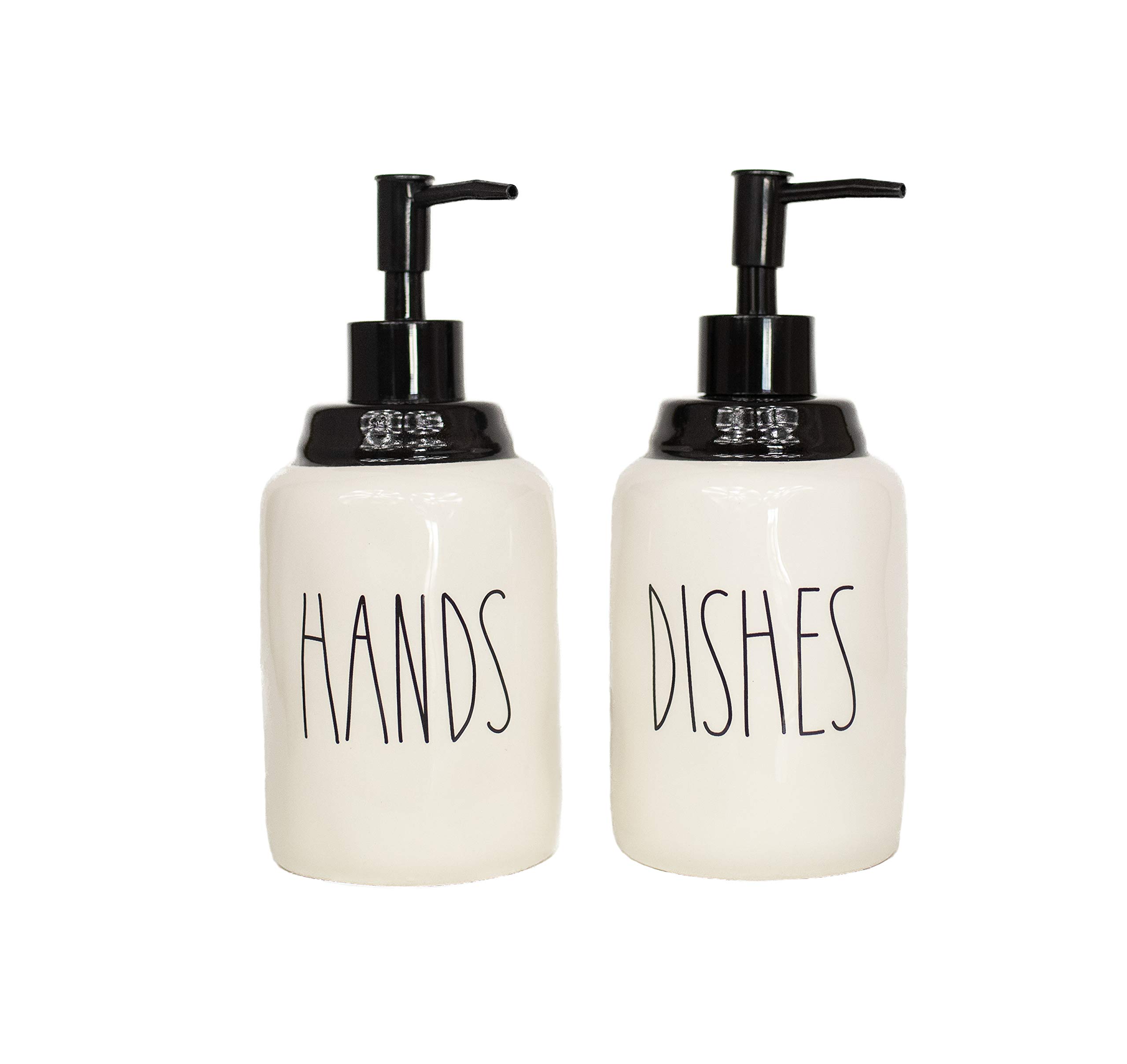 Modern Farmhouse Ceramic Dishes and Hand Soap Dispenser Set - Stainless Steel Pump, 14oz White Bottle - Rustic Kitchen Decor for Countertop | Perfect for Farmhouse, Cottage & Vintage Style Kitchens