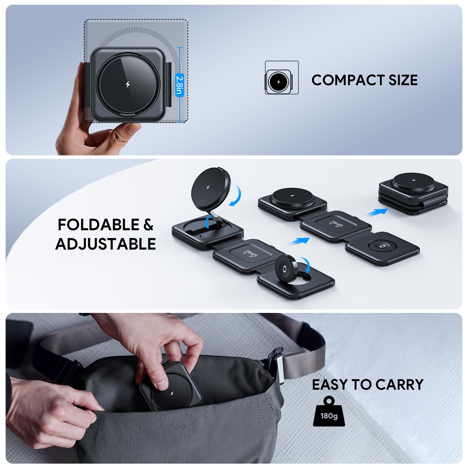 Hinyx 3-in-1 Magnetic Wireless Charging Station - Foldable Portable Travel Charger for iPhone 15/14/13/12 - Perfect for Home, Office & Travel Use