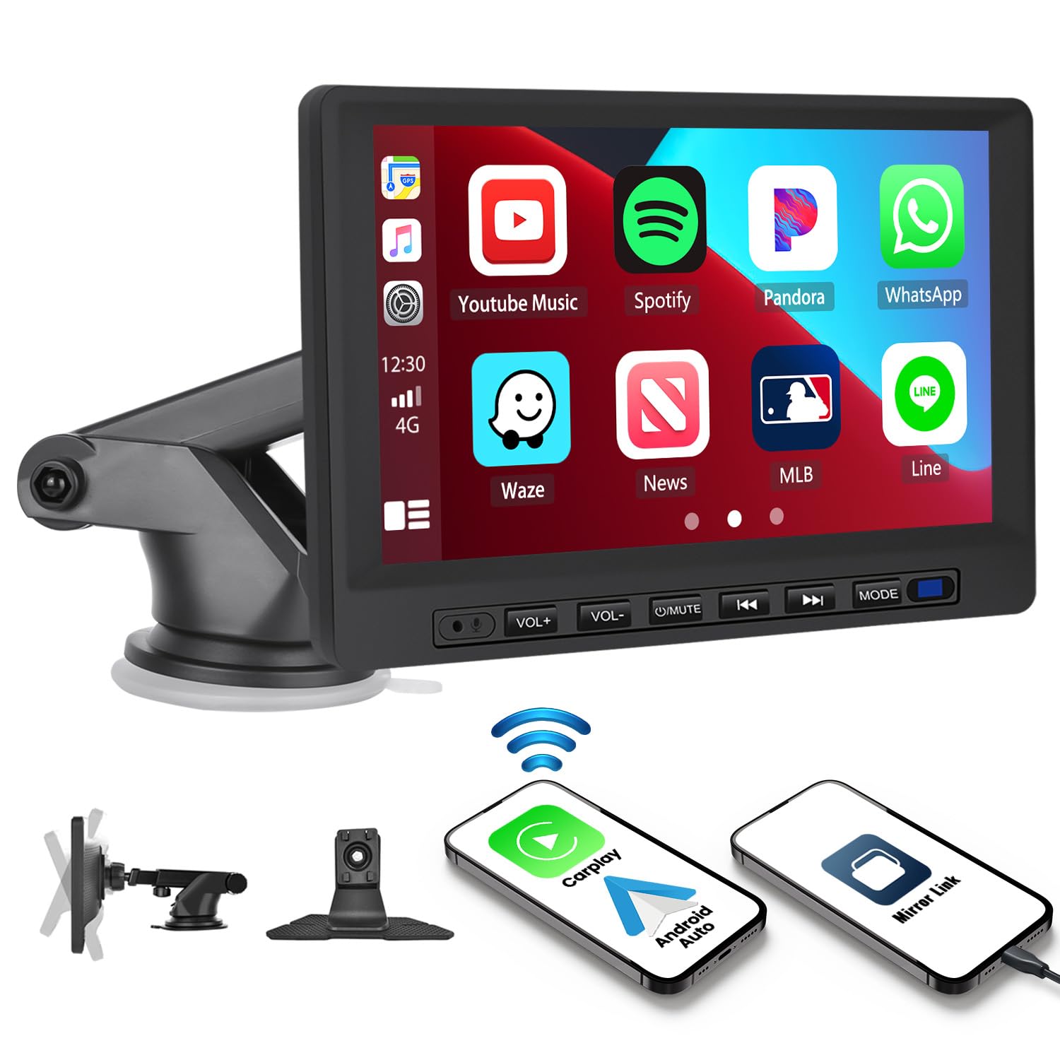 7-inch Portable Car Stereo with Wireless Apple CarPlay & Android Auto - Touchscreen Bluetooth FM Receiver with Steering Wheel Control, Voice Command & AUX Input (7V-32V) - Perfect for Road Trips, Commuting & Hands-Free Driving