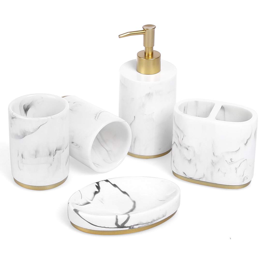 Premium 5-Piece Marble Look Bathroom Accessories Set - Ink White & Gold Resin Countertop Decor for Bathroom, Restroom & Apartment - Perfect Housewarming Gift for Women & Men (Includes Soap Dispenser, Toothbrush Holder & More) - Ideal for Modern Home, Hotel & Spa Decor